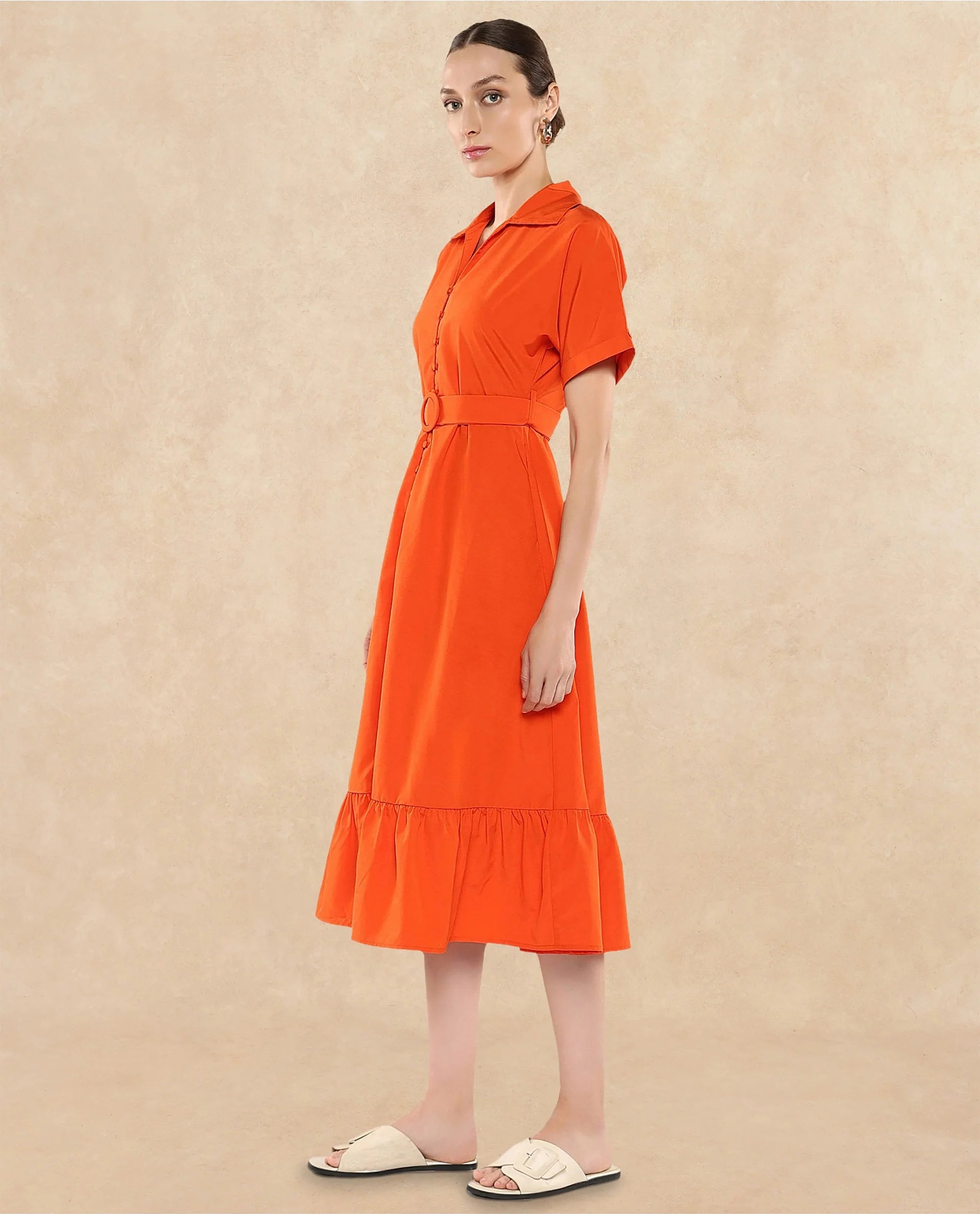 Rareism Women's Capetow Rust Cotton Johnny Collar Plain Extended Sleeves Midi A-Line Dress
