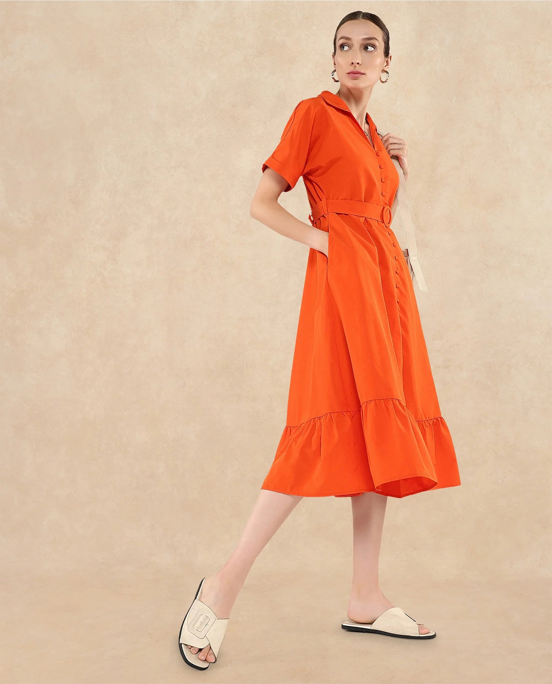 Rareism Women's Capetow Rust Cotton Johnny Collar Plain Extended Sleeves Midi A-Line Dress