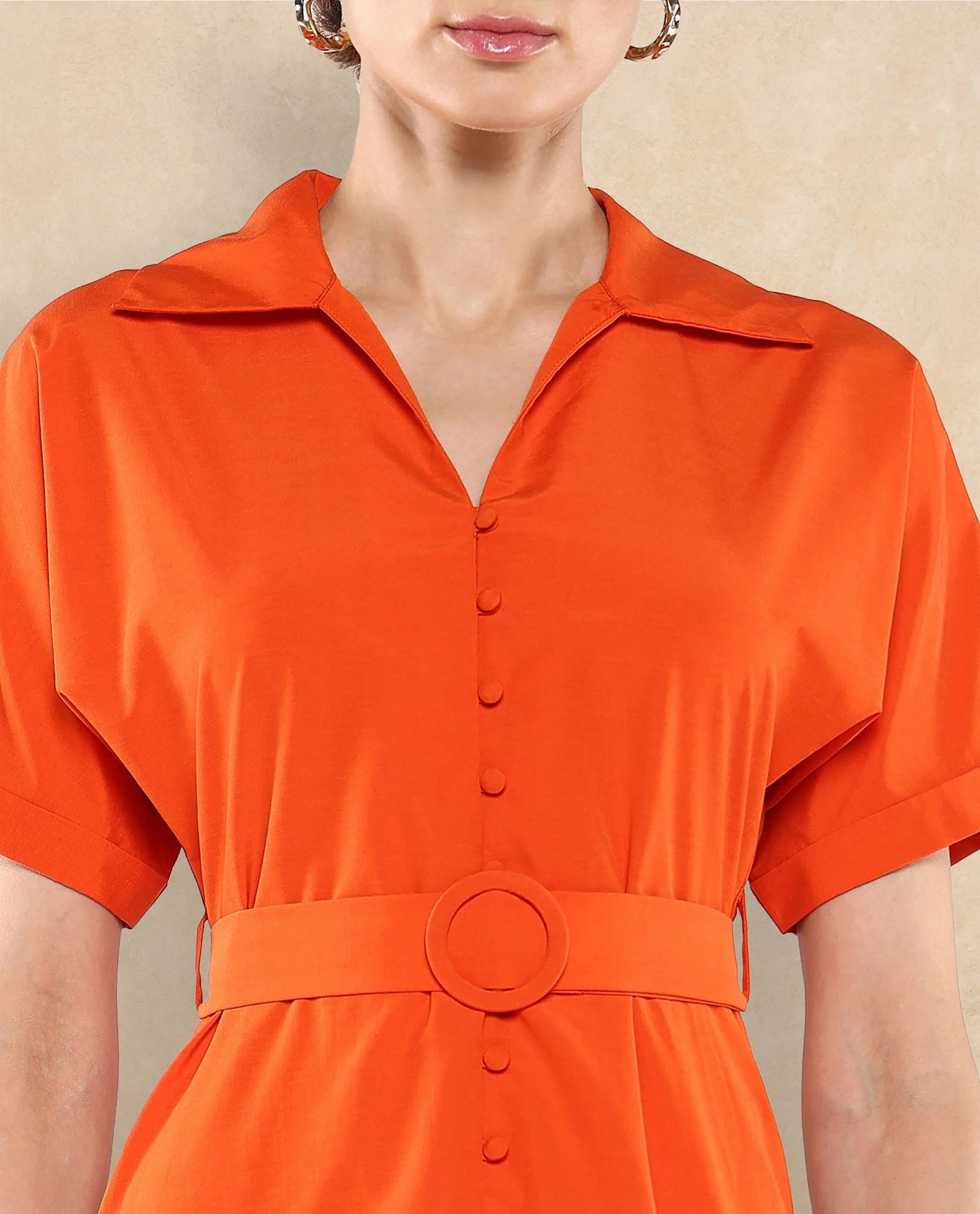 Rareism Women's Capetow Rust Cotton Johnny Collar Plain Extended Sleeves Midi A-Line Dress