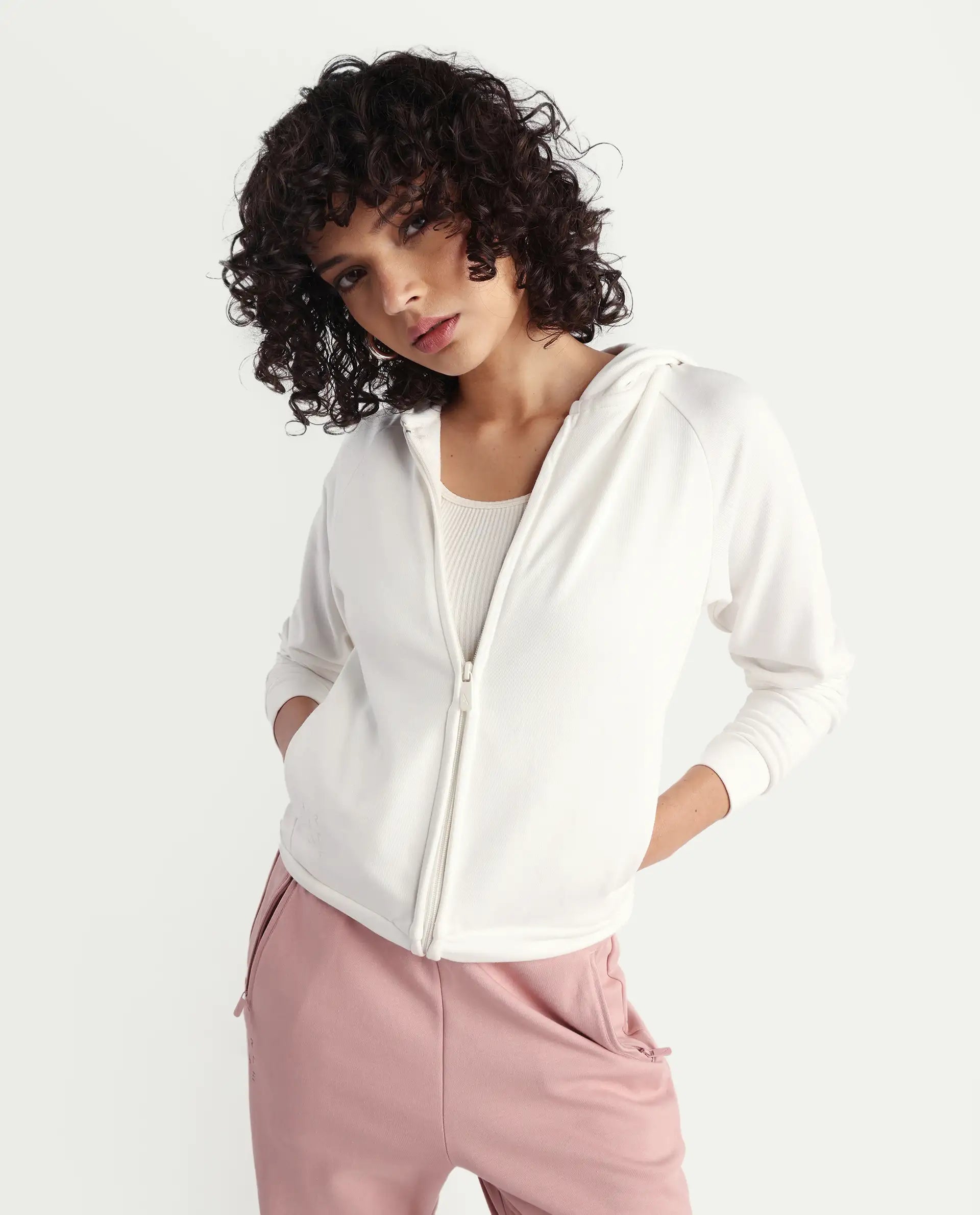 Rareism Women's Medium Weight Terry 290 Gsm Cotton Blend Hooded Plain Regular Fit Jacket