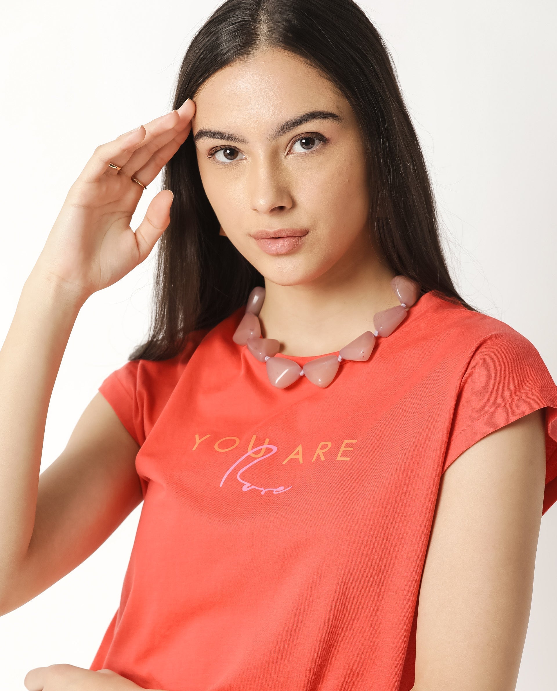 Rareism Womens Caprico Red T-Shirt Cotton Fabric Regular Fit Half Sleeve Round Neck