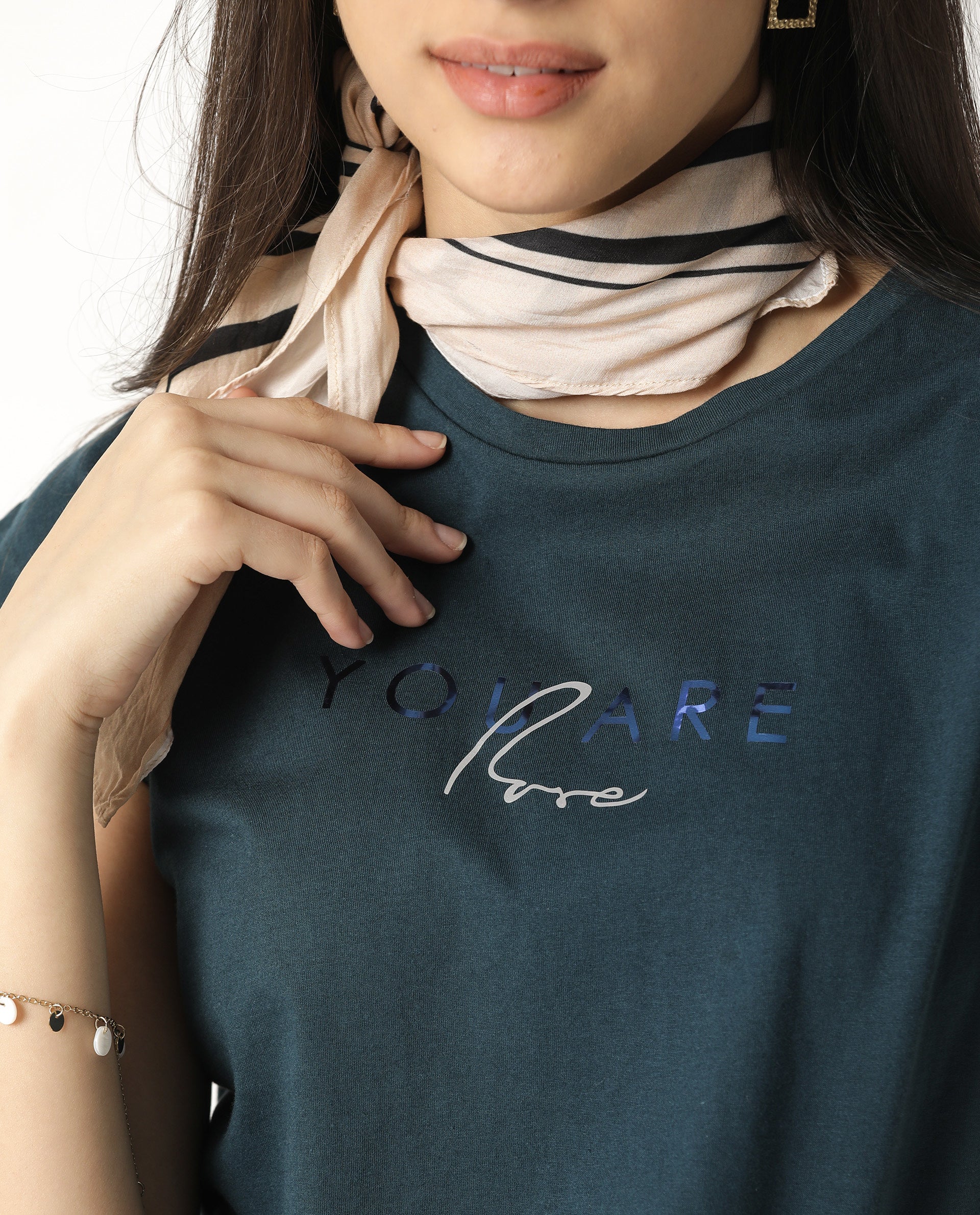 Rareism Womens Caprico Petrol T-Shirt Cotton Fabric Regular Fit Half Sleeve Round Neck