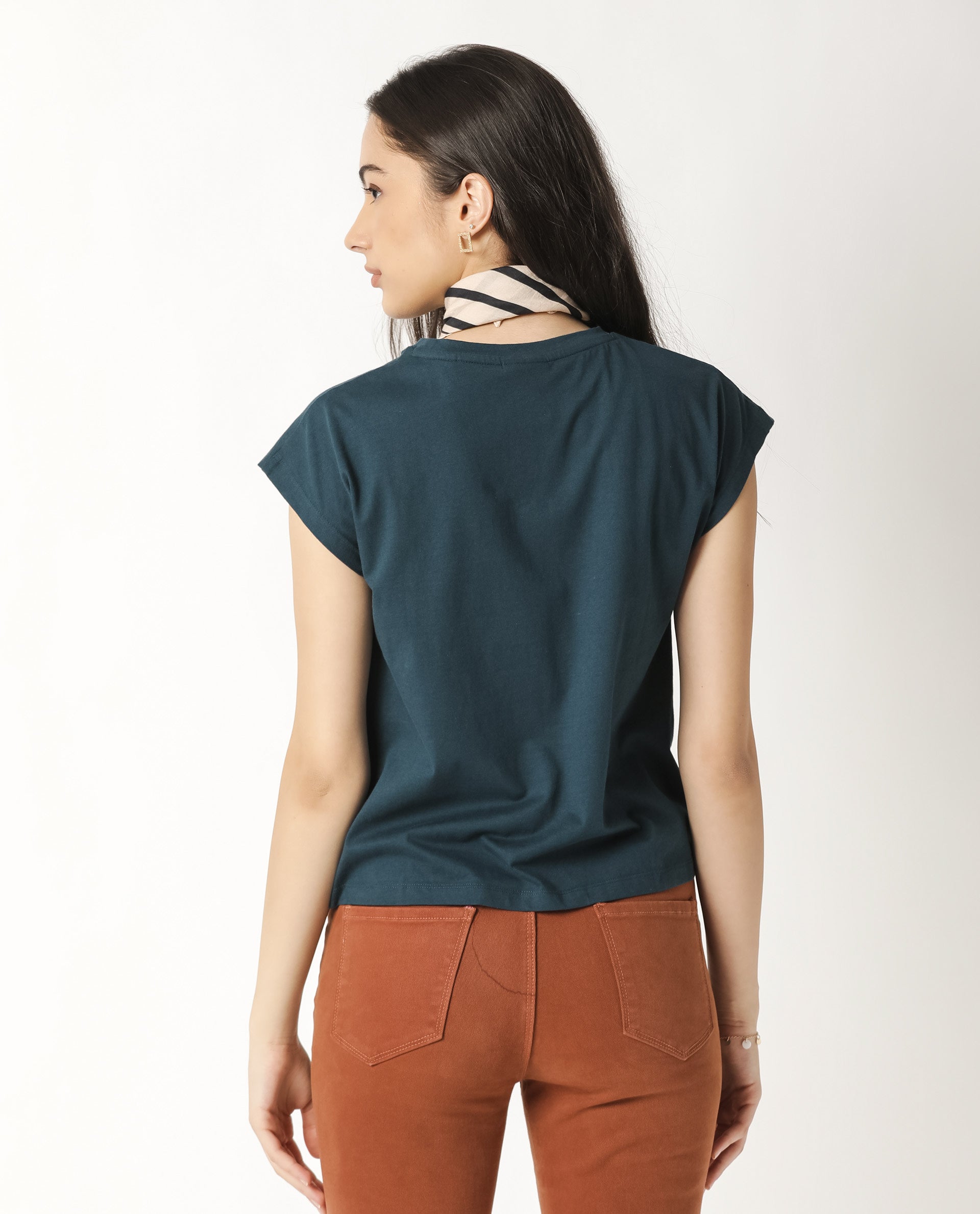 Rareism Womens Caprico Petrol T-Shirt Cotton Fabric Regular Fit Half Sleeve Round Neck