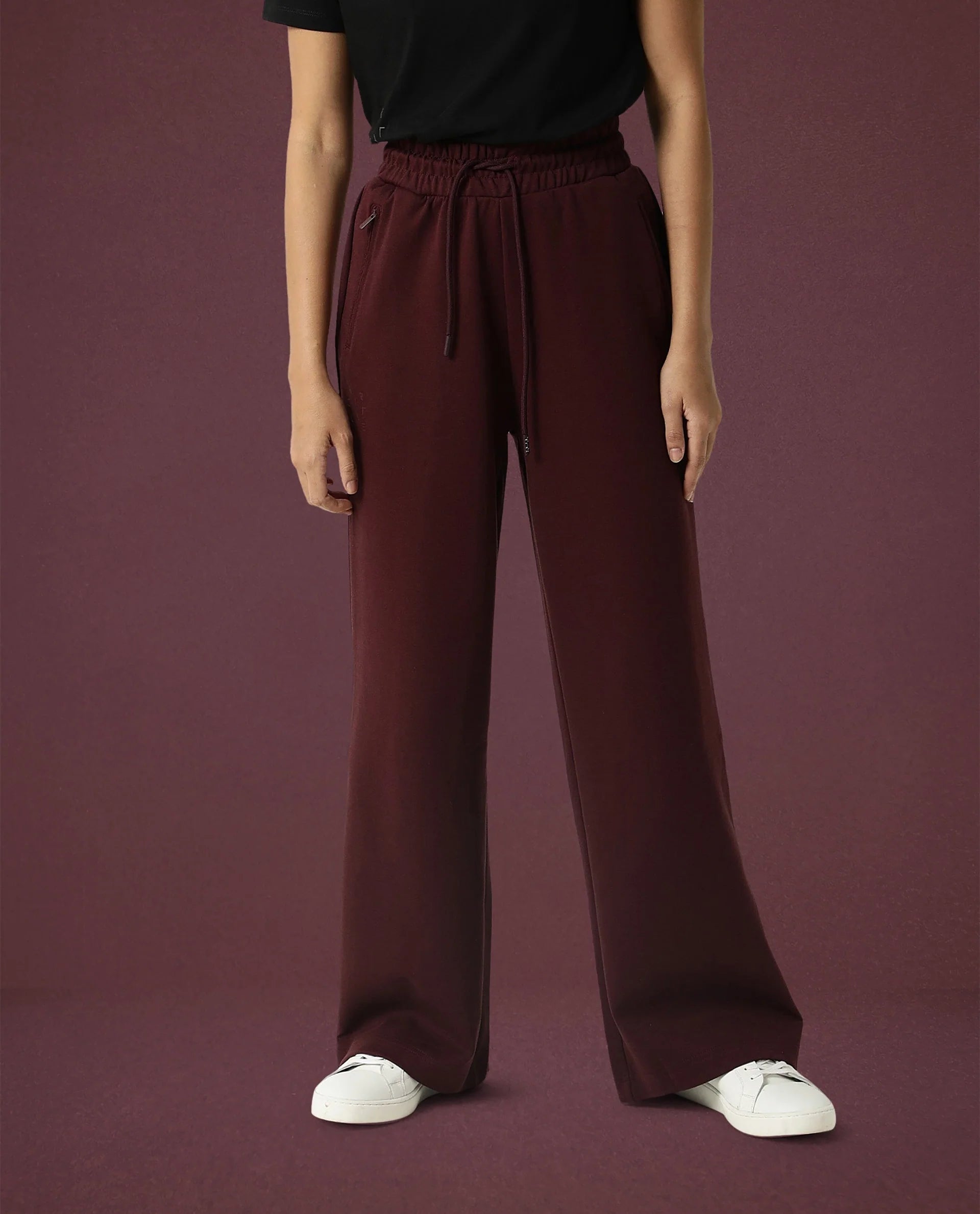 Rareism Women Capsule Maroon Cotton Blend Fabric Relaxed Fit Solid Mid Rise Ankle Length Track Pant