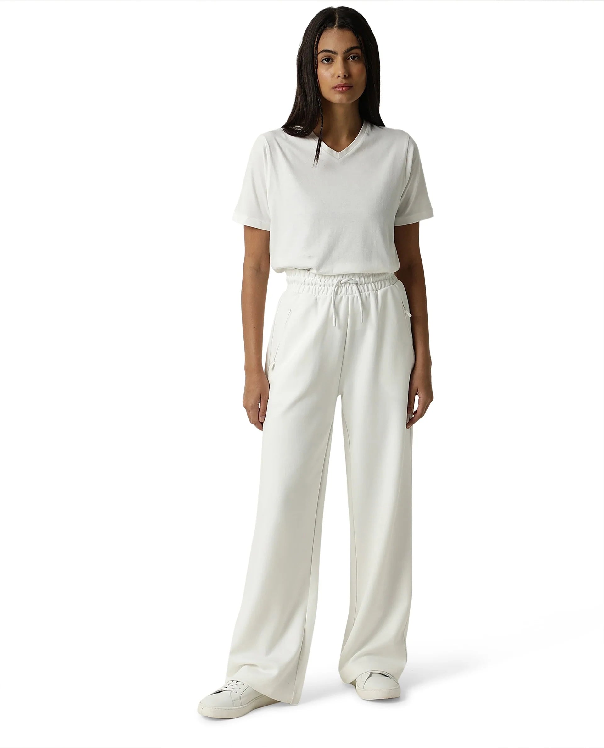 Rareism Women Capsule Off White Cotton Blend Fabric Relaxed Fit Solid Mid Rise Ankle Length Track Pant