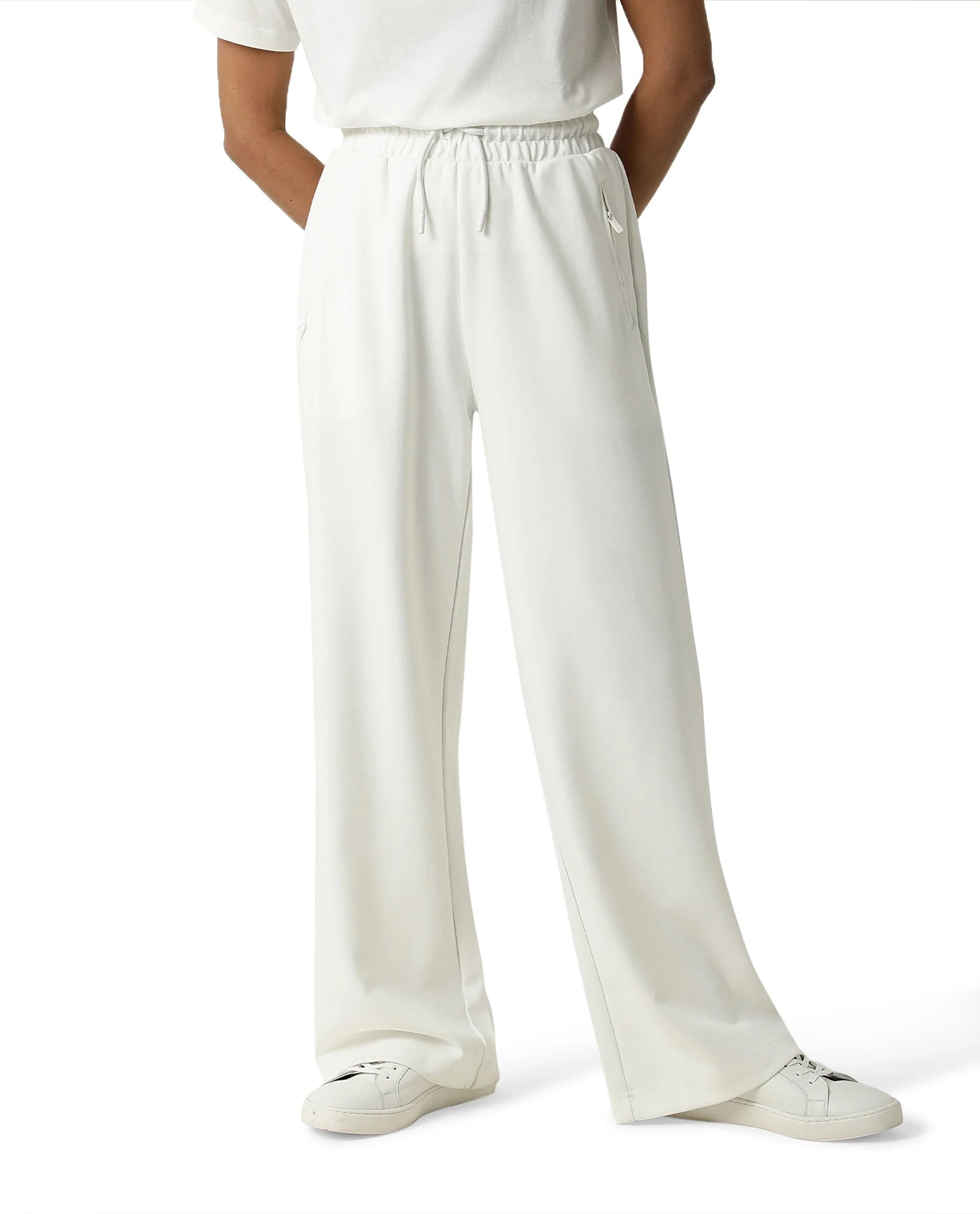 Rareism Women Capsule Off White Cotton Blend Fabric Relaxed Fit Solid Mid Rise Ankle Length Track Pant