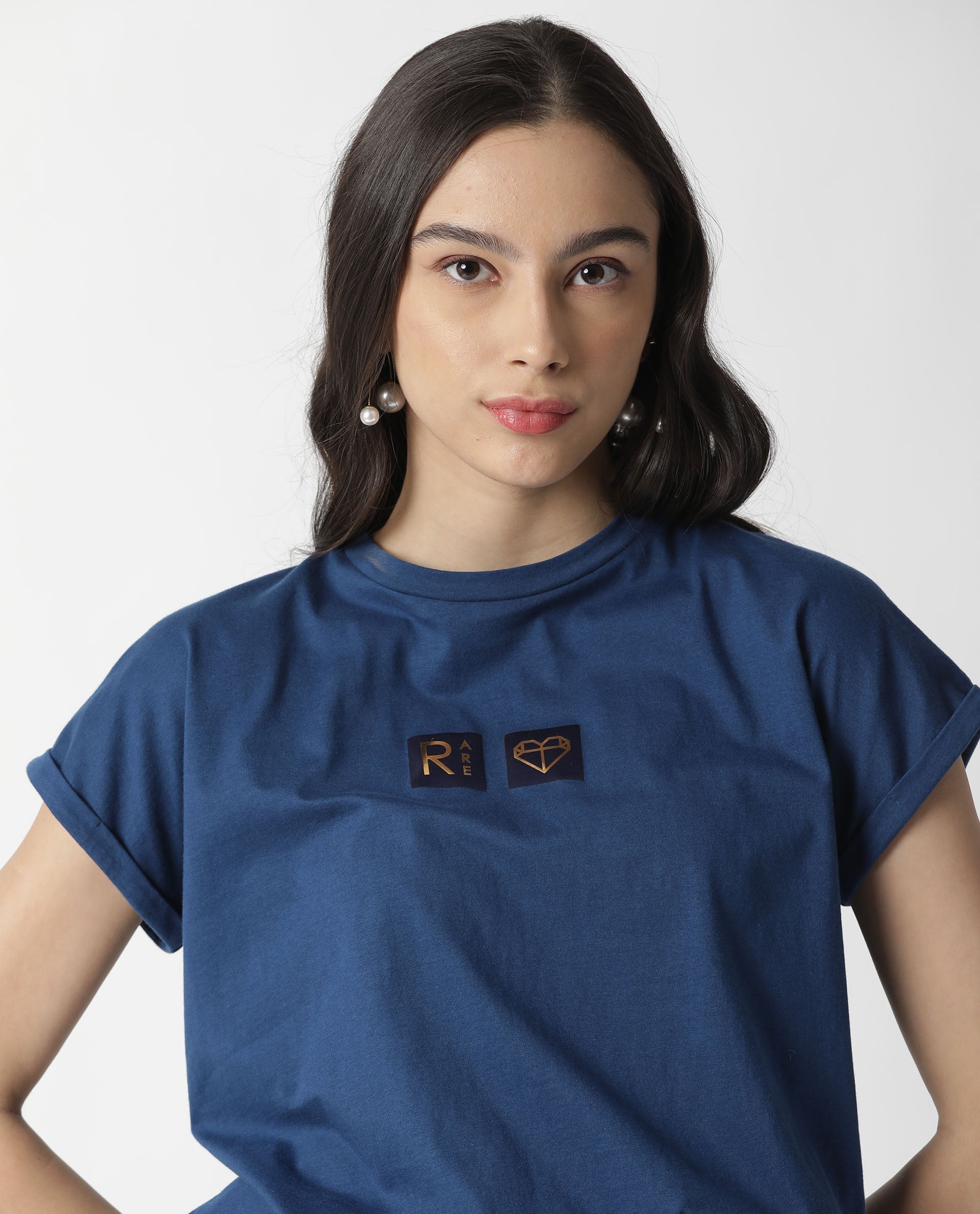 Rareism Womens Cardi Blue T-Shirt Cotton Fabric Regular Fit Half Sleeve Round Neck