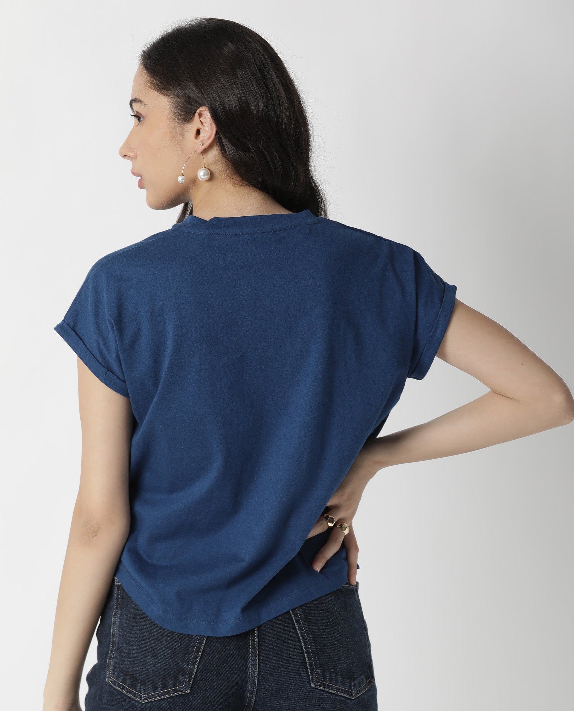 Rareism Womens Cardi Blue T-Shirt Cotton Fabric Regular Fit Half Sleeve Round Neck