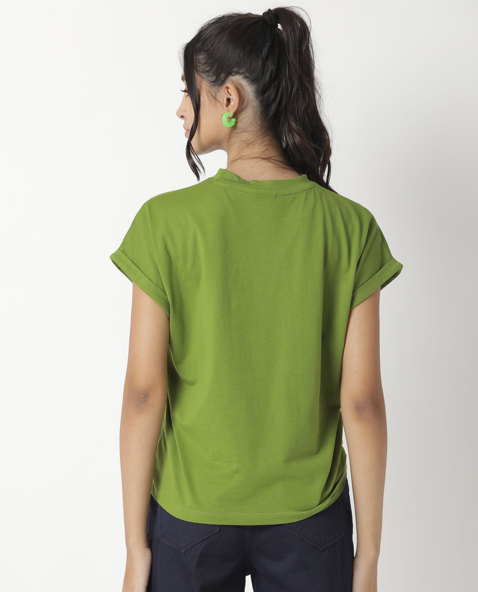 Rareism Womens Cardi Green T-Shirt Cotton Fabric Regular Fit Half Sleeve Round Neck