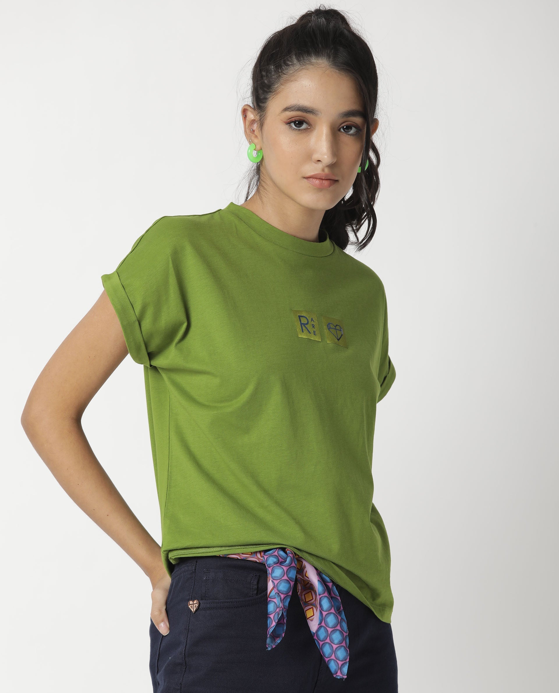 Rareism Womens Cardi Green T-Shirt Cotton Fabric Regular Fit Half Sleeve Round Neck