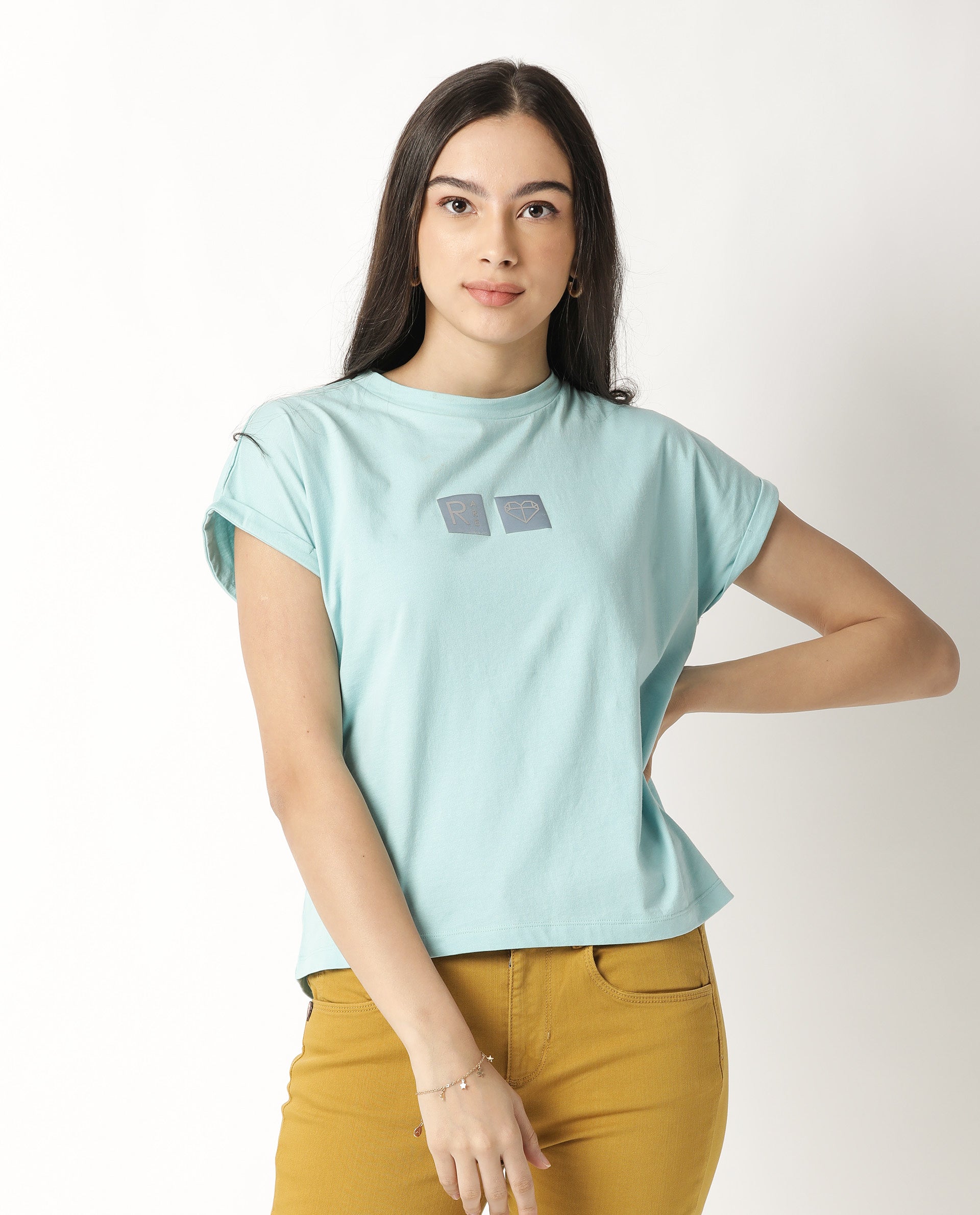 Rareism Women Cardi Light Blue Cotton Fabric Regular Fit Half Sleeves Graphic Print Crew Neck T-Shirt