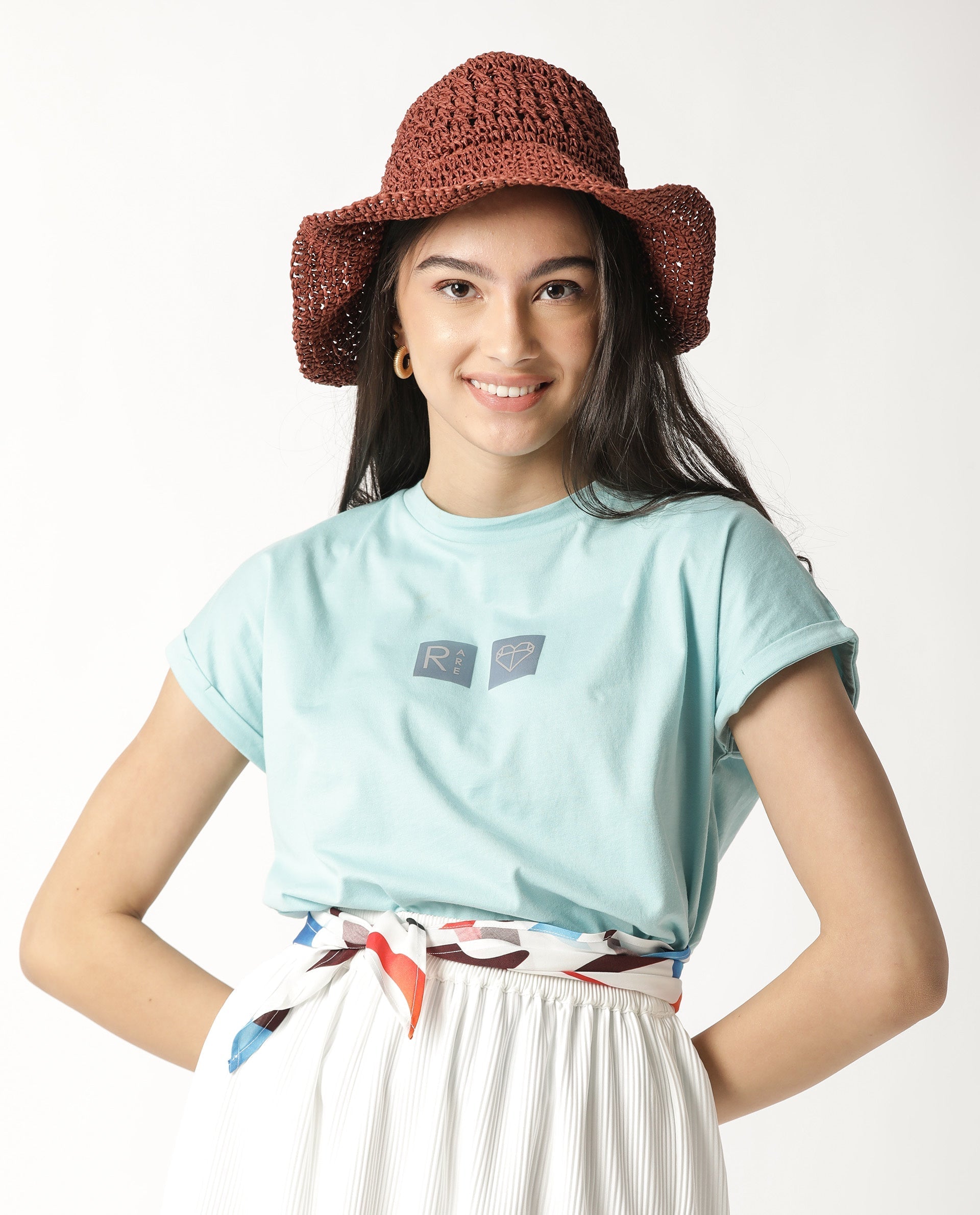 Rareism Women Cardi Light Blue Cotton Fabric Regular Fit Half Sleeves Graphic Print Crew Neck T-Shirt