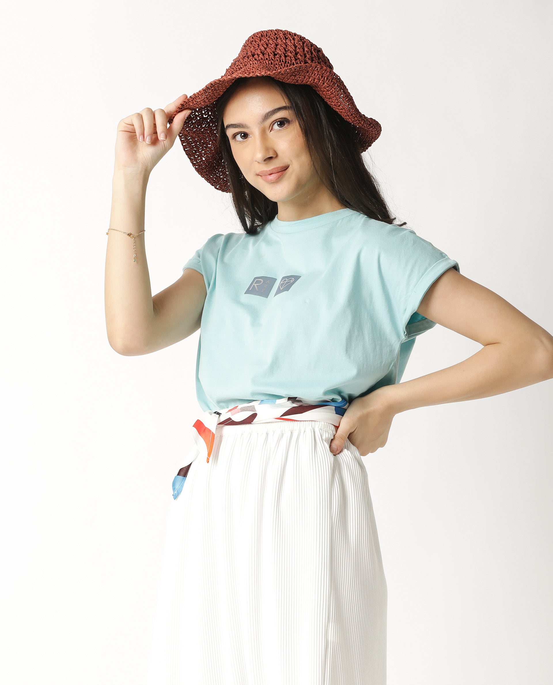 Rareism Women Cardi Light Blue Cotton Fabric Regular Fit Half Sleeves Graphic Print Crew Neck T-Shirt