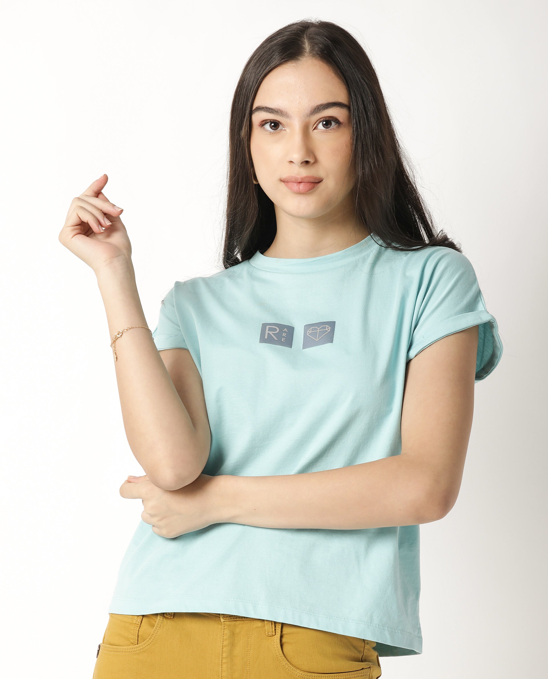 Rareism Women Cardi Light Blue Cotton Fabric Regular Fit Half Sleeves Graphic Print Crew Neck T-Shirt