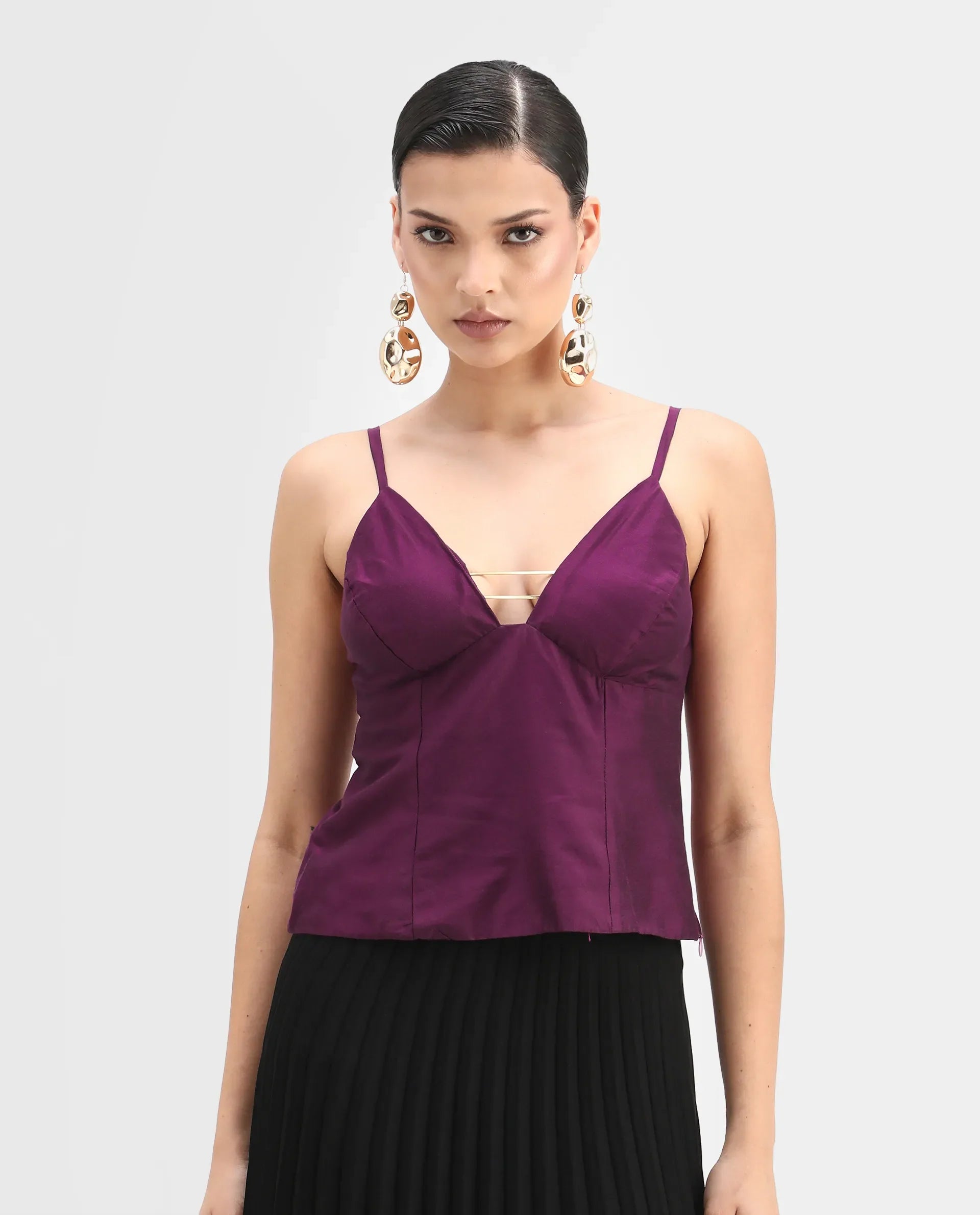 Rareism Women's Carfa Purple Silk Shoulder Strap Plain Sleeveless Crop Fitted Top
