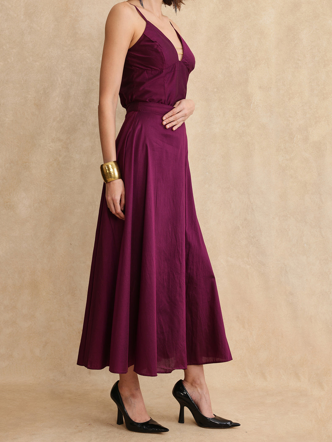 Rareism Women Carfa-B Purple Zipper Closure Flared Maxi Plain Skirt