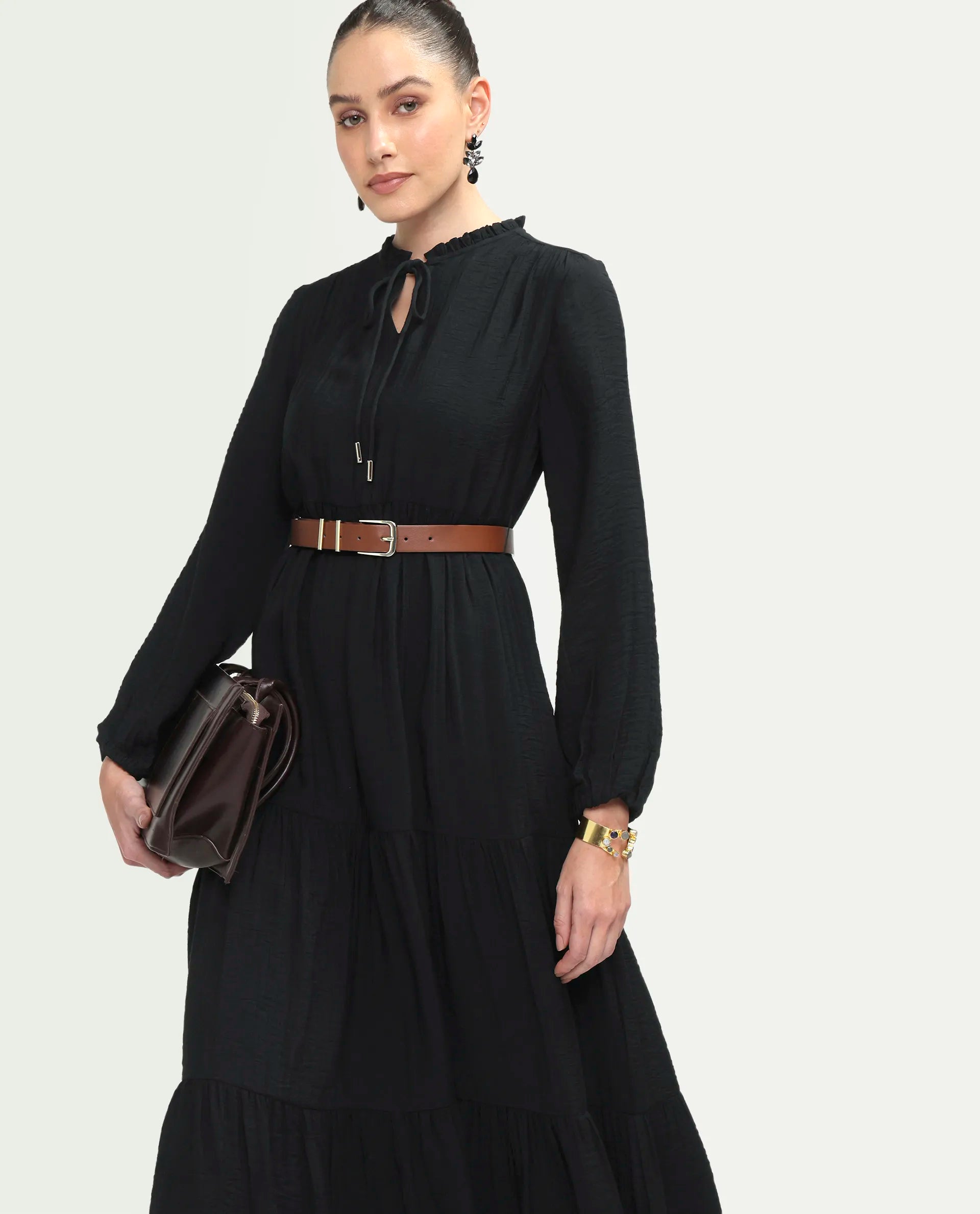 Rareism Women's Carlia Black Viscose Blend Full Sleeve Flared Plain Dress