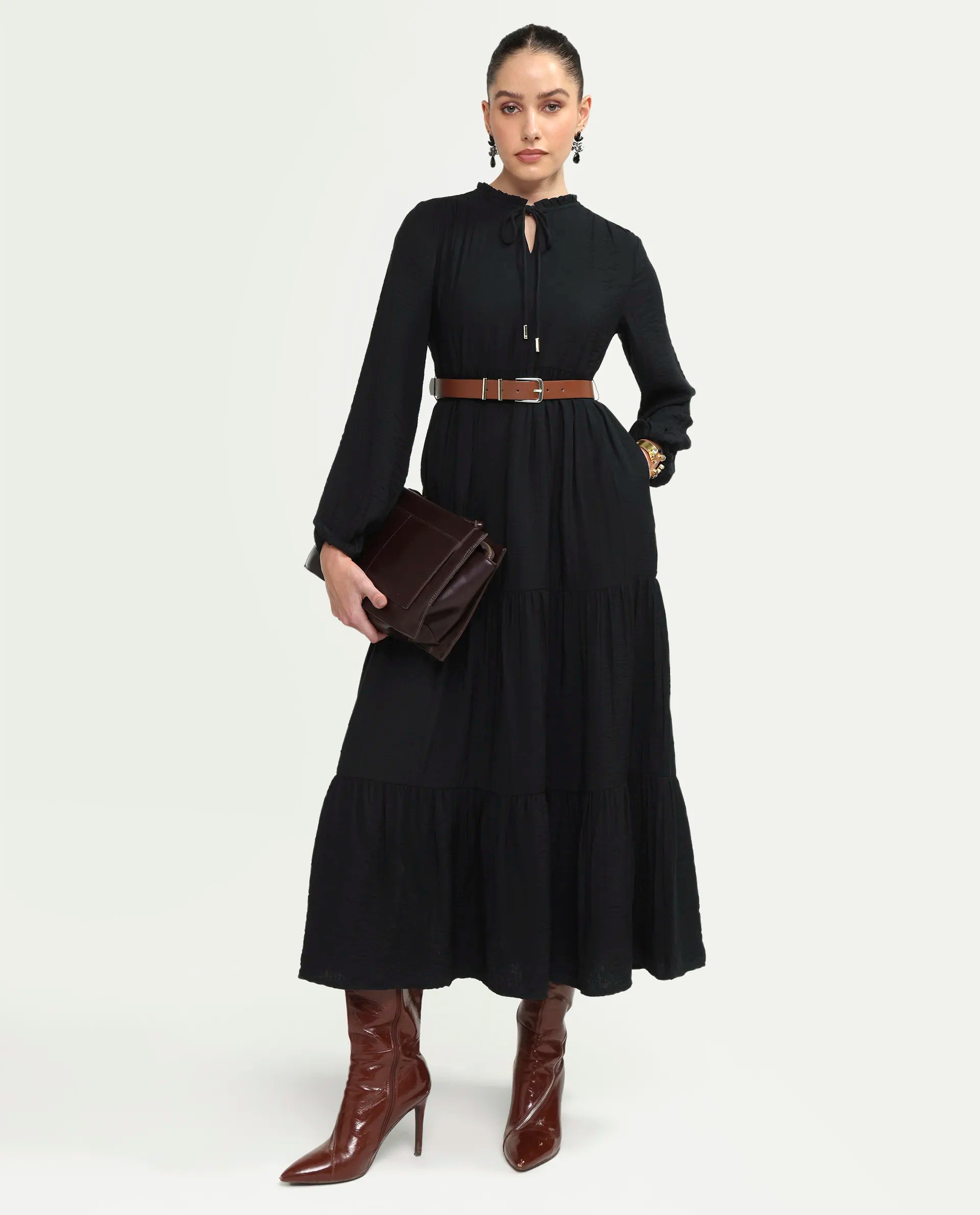 Rareism Women's Carlia Black Viscose Blend Full Sleeve Flared Plain Dress