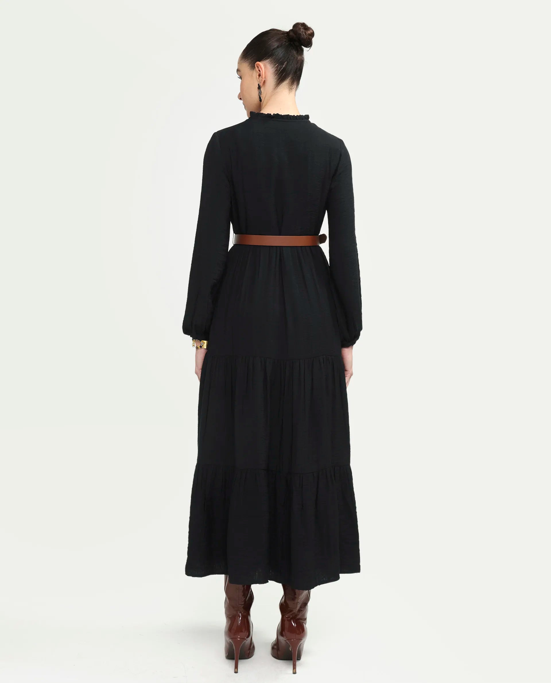 Rareism Women's Carlia Black Viscose Blend Full Sleeve Flared Plain Dress