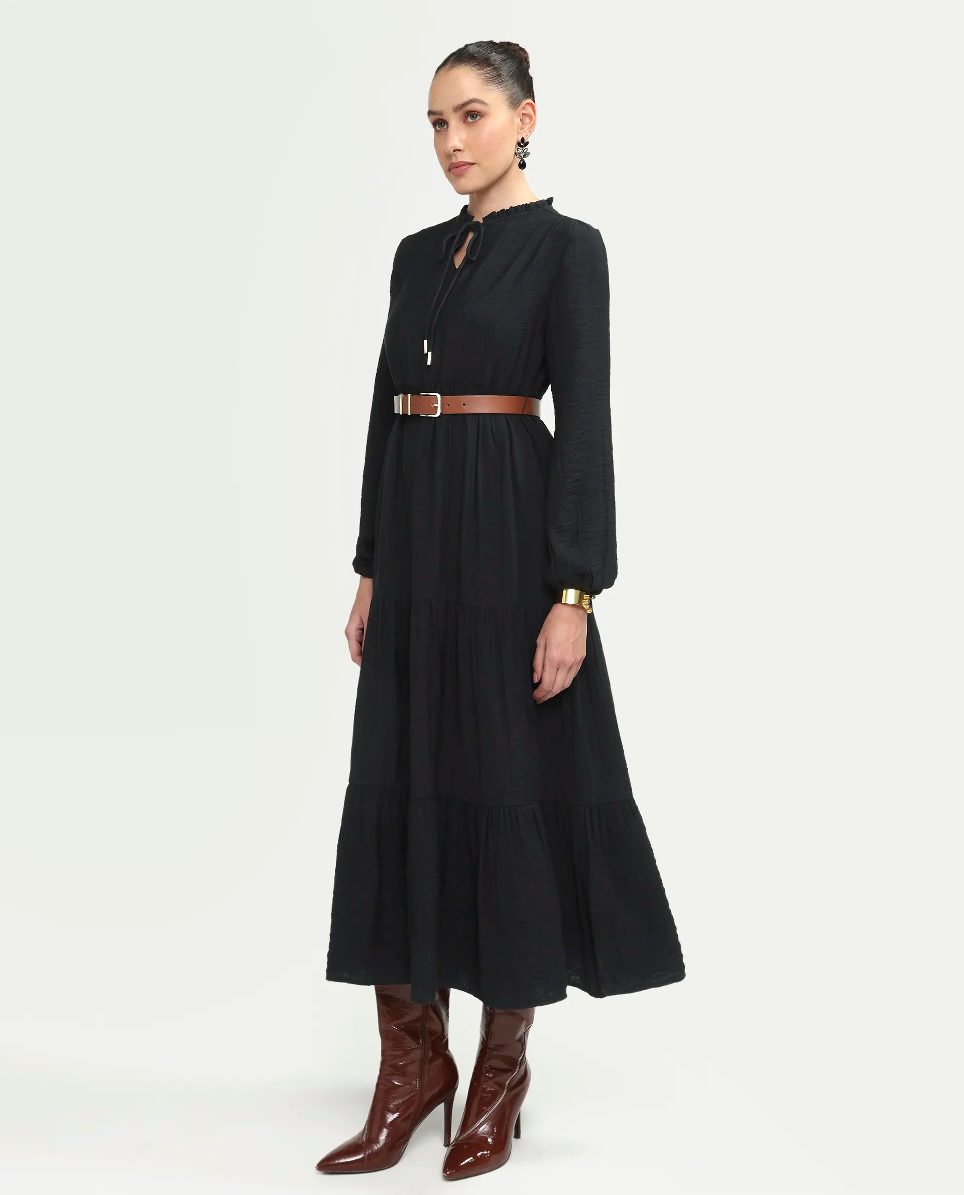 Rareism Women's Carlia Black Viscose Blend Full Sleeve Flared Plain Dress