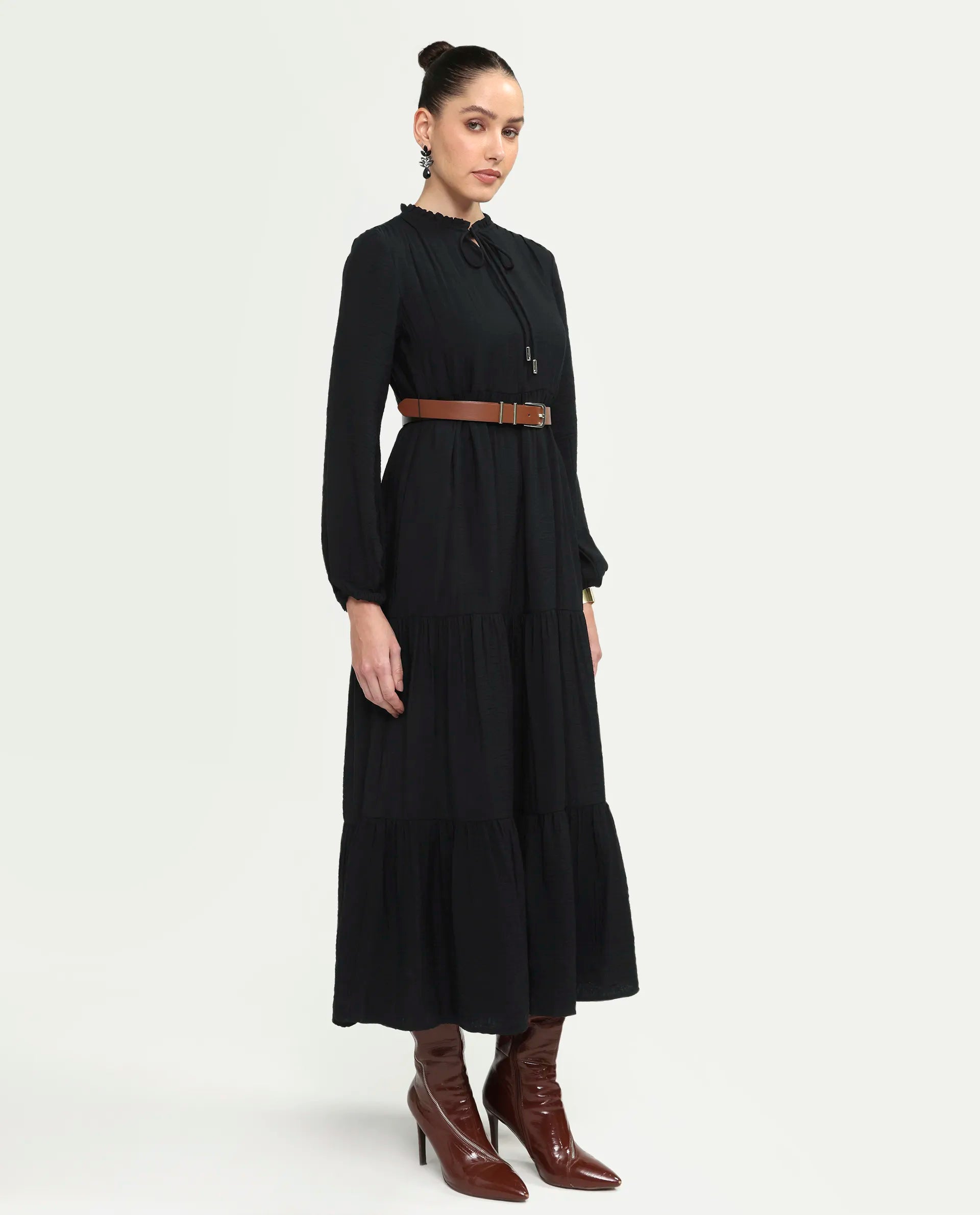 Rareism Women's Carlia Black Viscose Blend Full Sleeve Flared Plain Dress