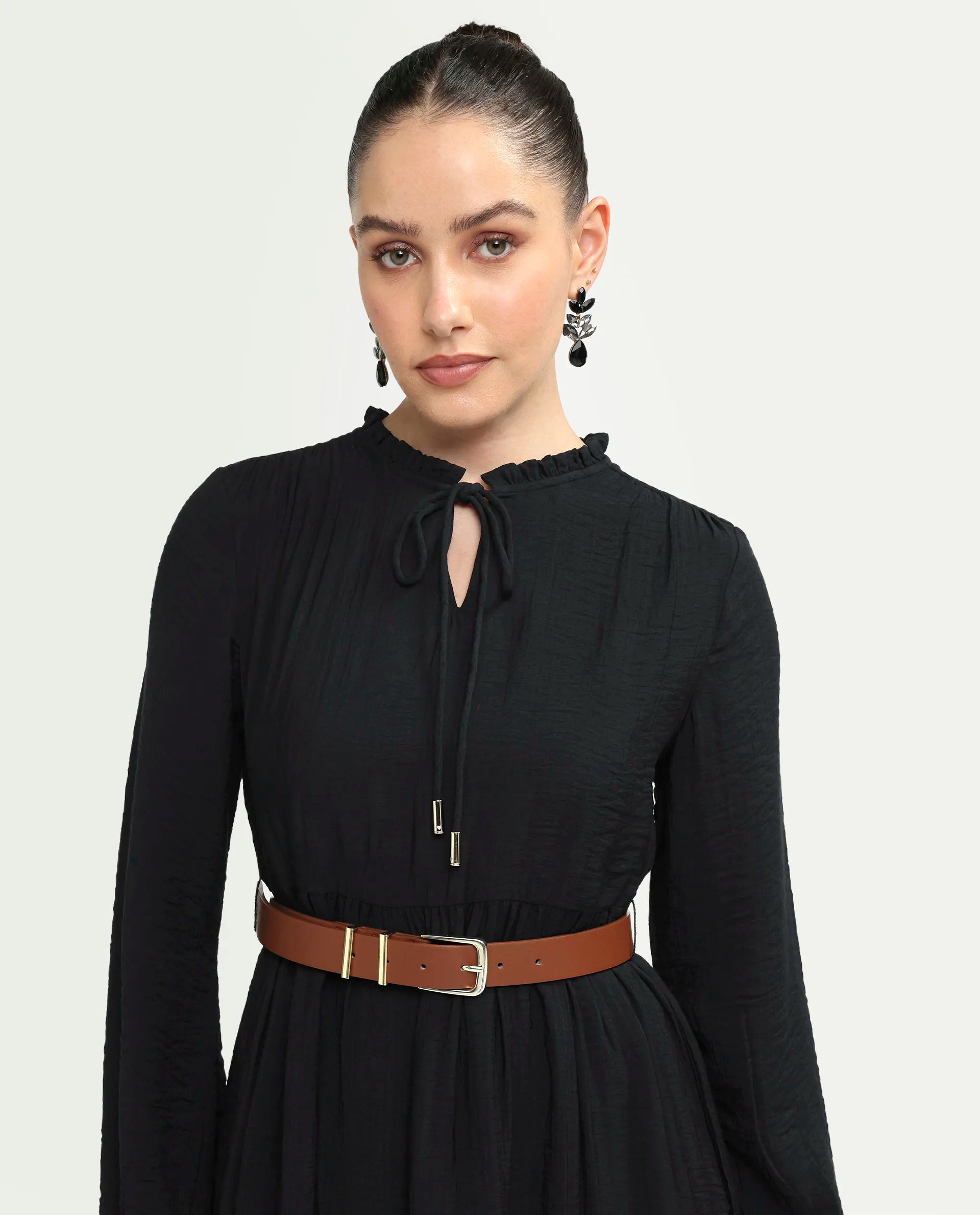 Rareism Women's Carlia Black Viscose Blend Full Sleeve Flared Plain Dress