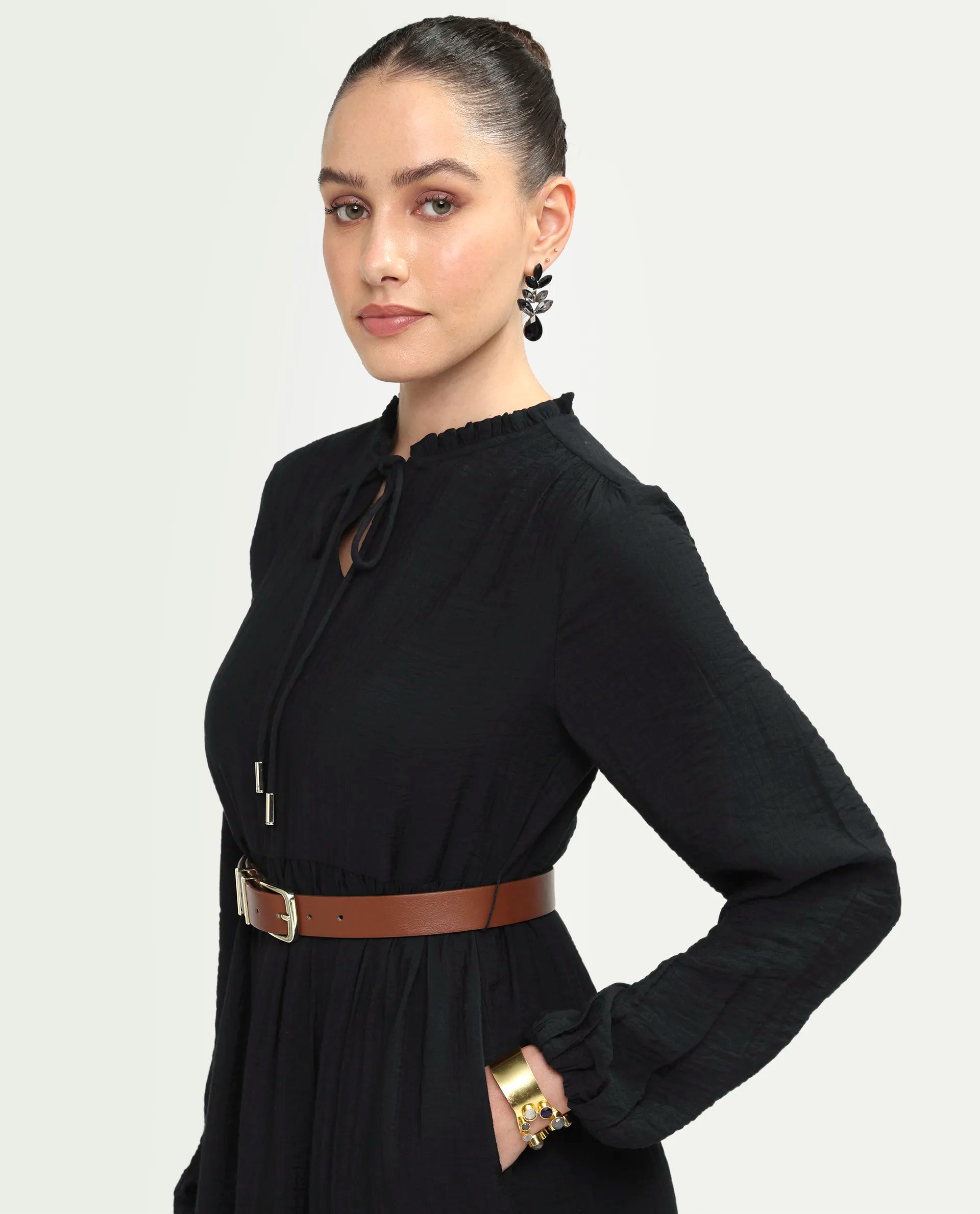 Rareism Women's Carlia Black Viscose Blend Full Sleeve Flared Plain Dress