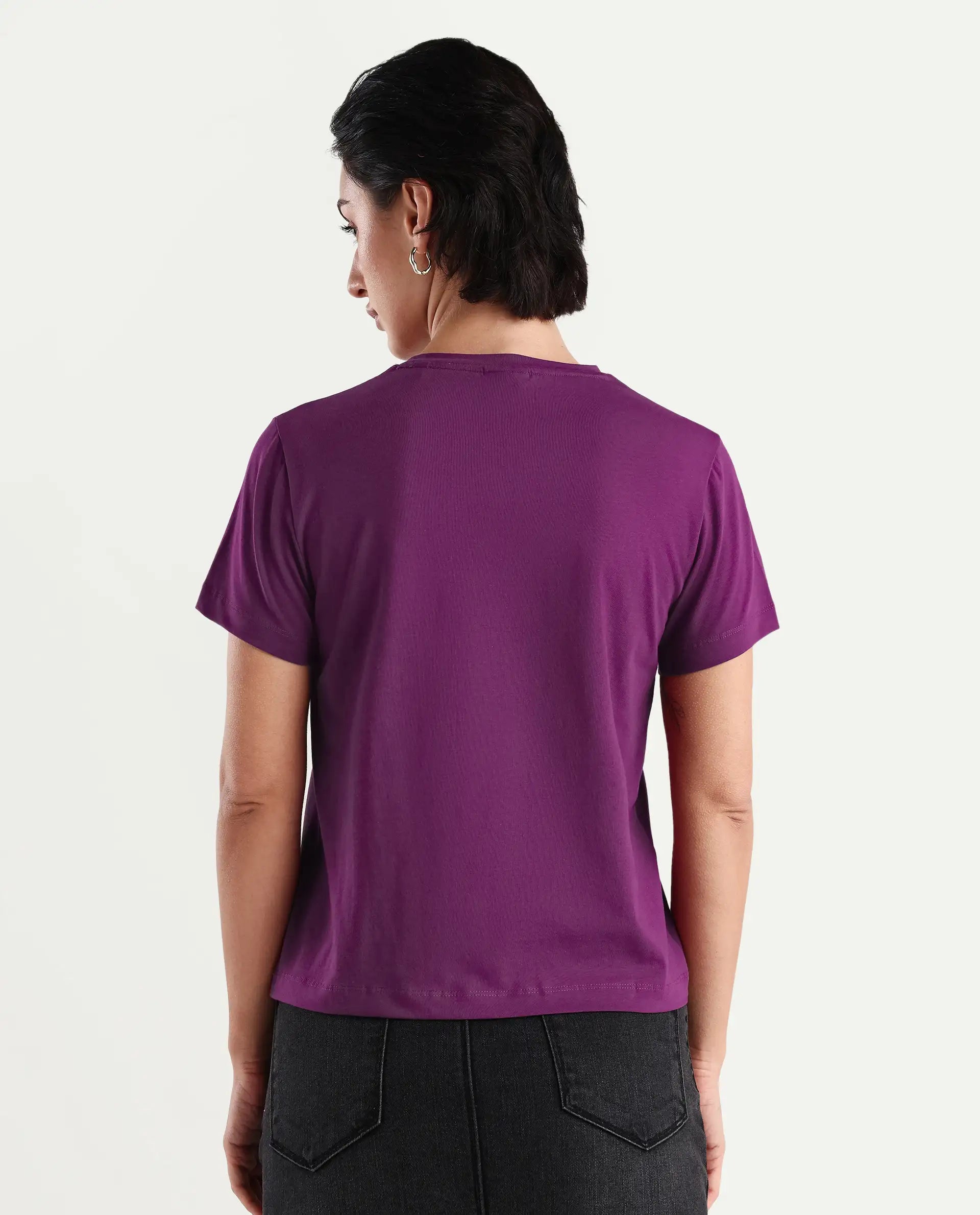 Rareism Women's Carob Dark Pink Linen Crew Neck Plain Regular Fit T-Shirt