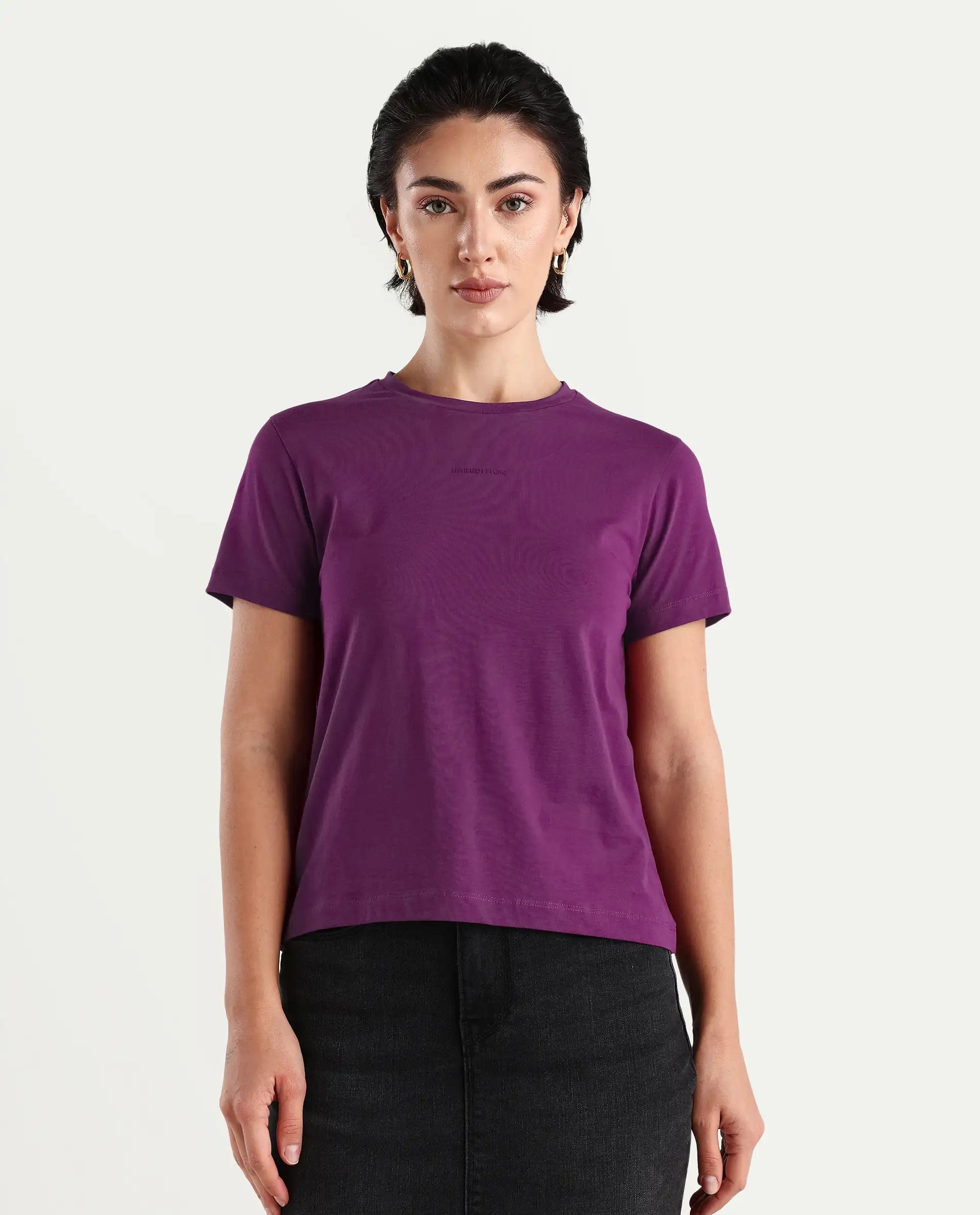 Rareism Women's Carob Dark Pink Linen Crew Neck Plain Regular Fit T-Shirt