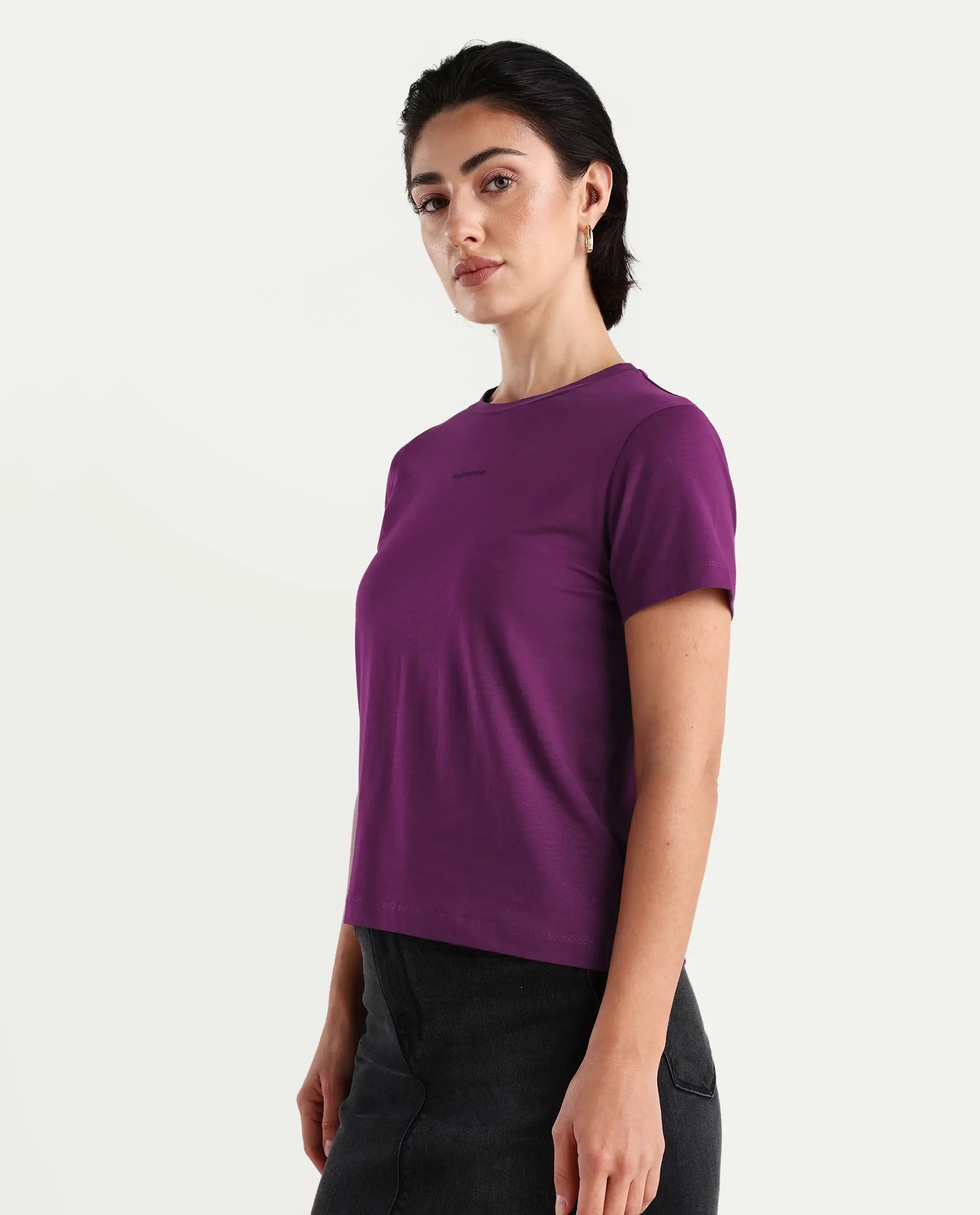 Rareism Women's Carob Dark Pink Linen Crew Neck Plain Regular Fit T-Shirt