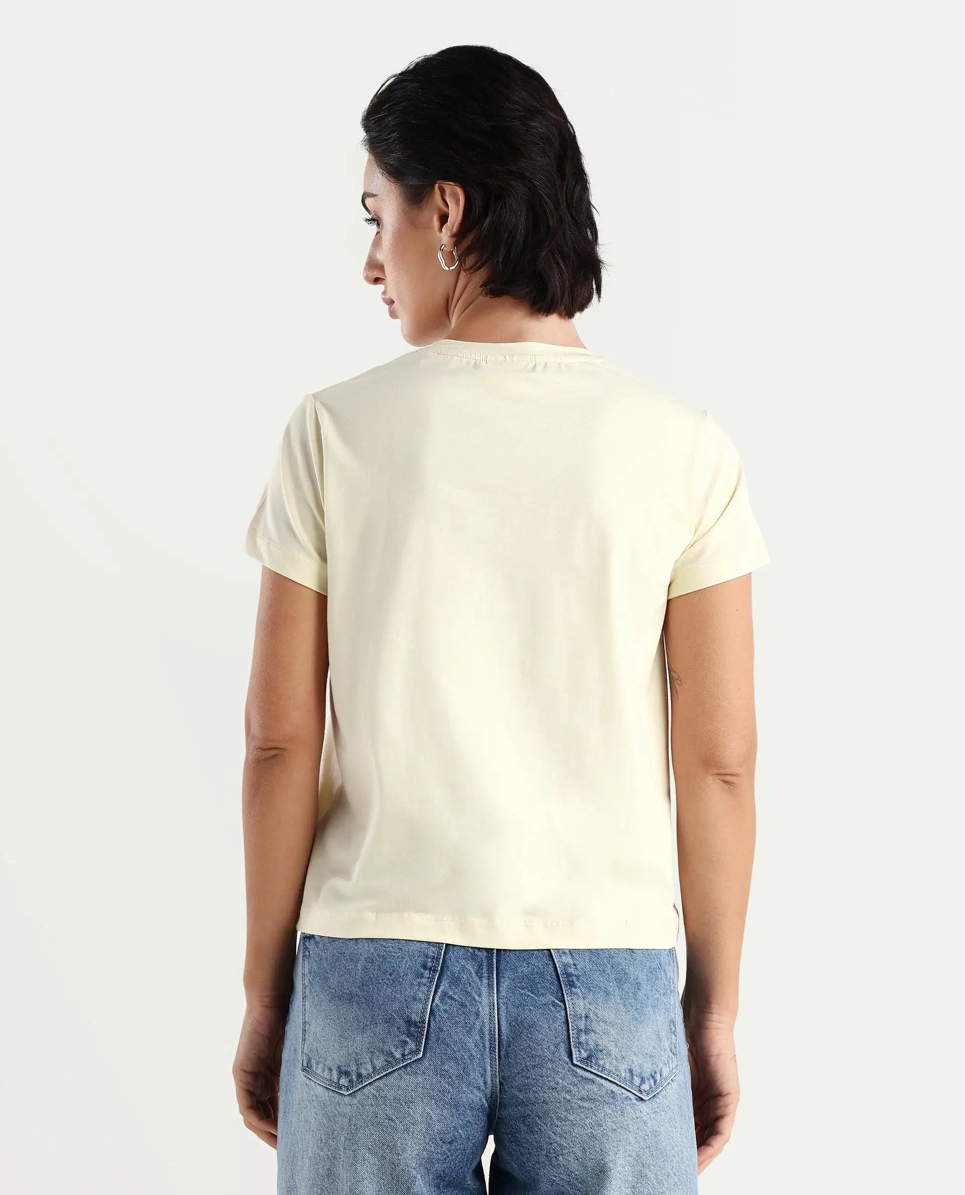 Rareism Women's Carob Off White Linen Crew Neck Typography Print Regular Fit T-Shirt