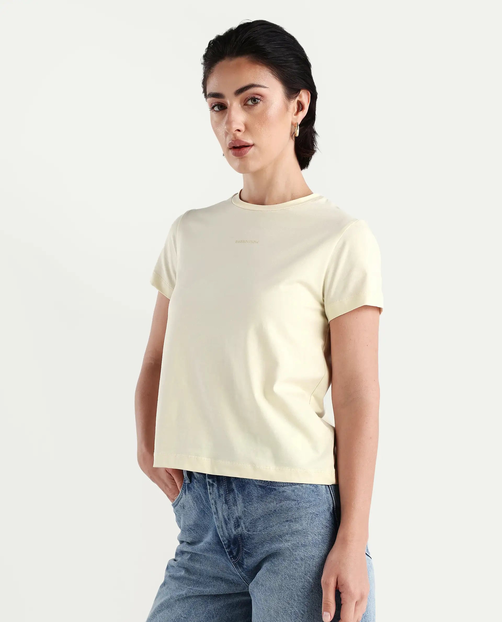 Rareism Women's Carob Off White Linen Crew Neck Typography Print Regular Fit T-Shirt