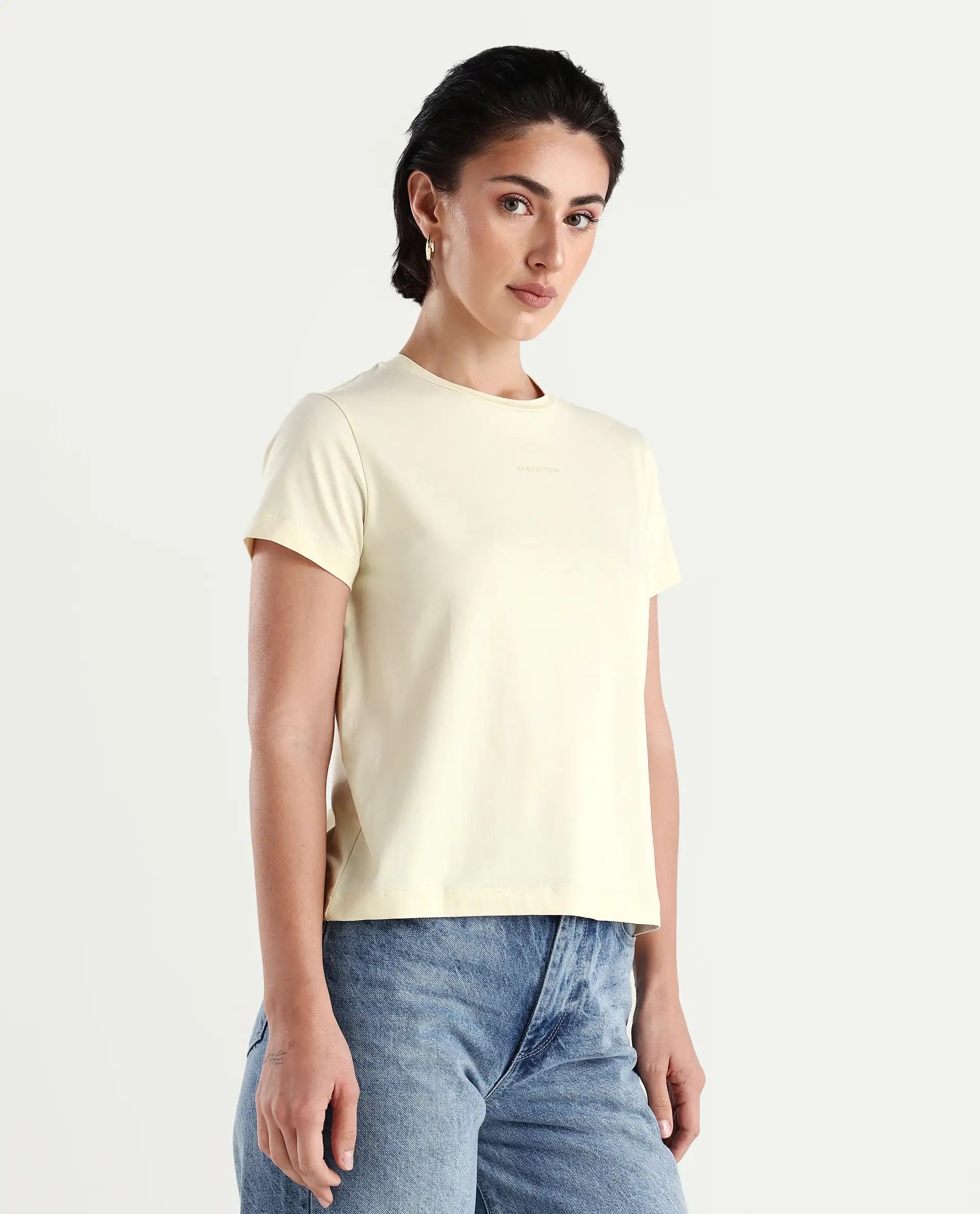 Rareism Women's Carob Off White Linen Crew Neck Typography Print Regular Fit T-Shirt