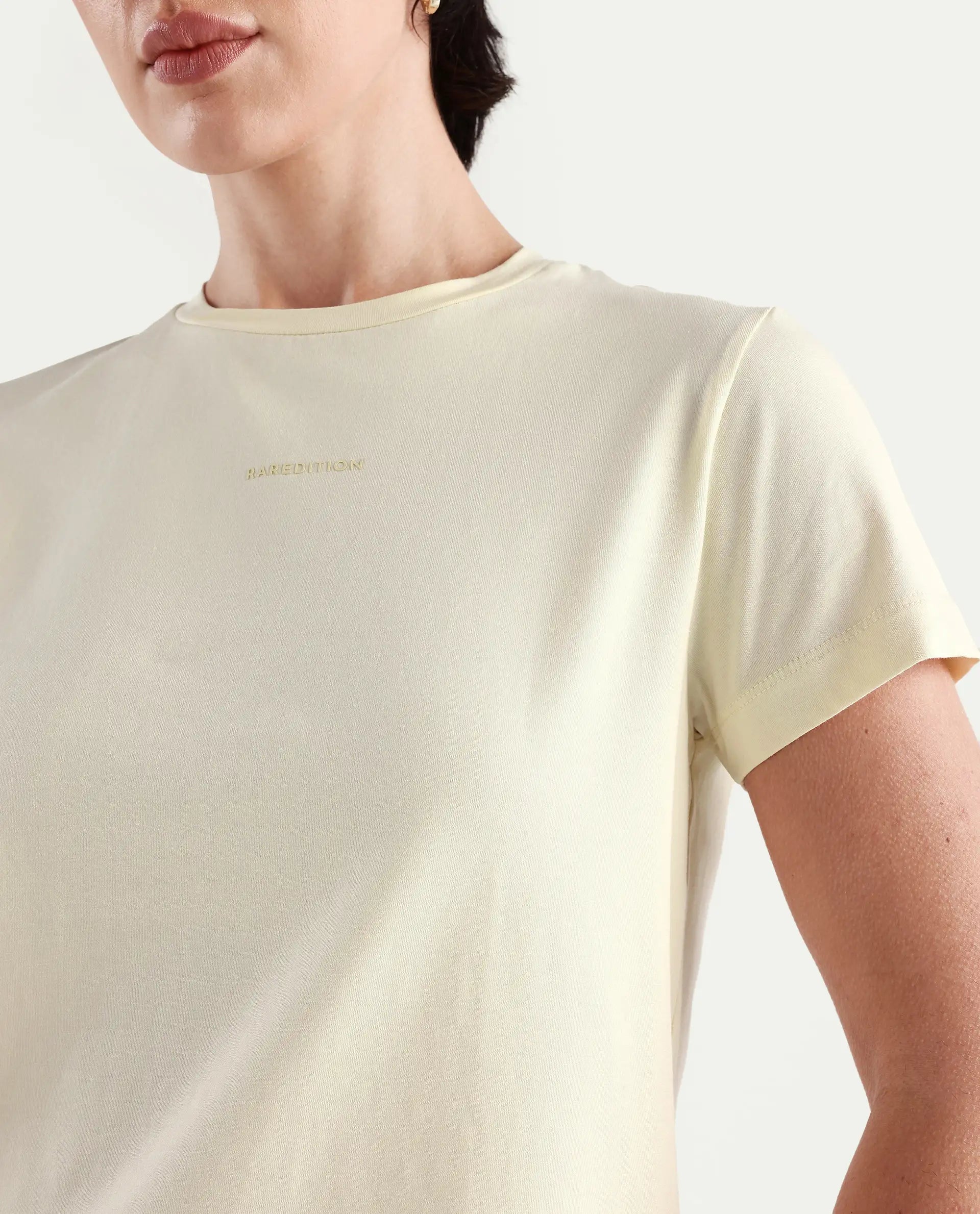 Rareism Women's Carob Off White Linen Crew Neck Typography Print Regular Fit T-Shirt
