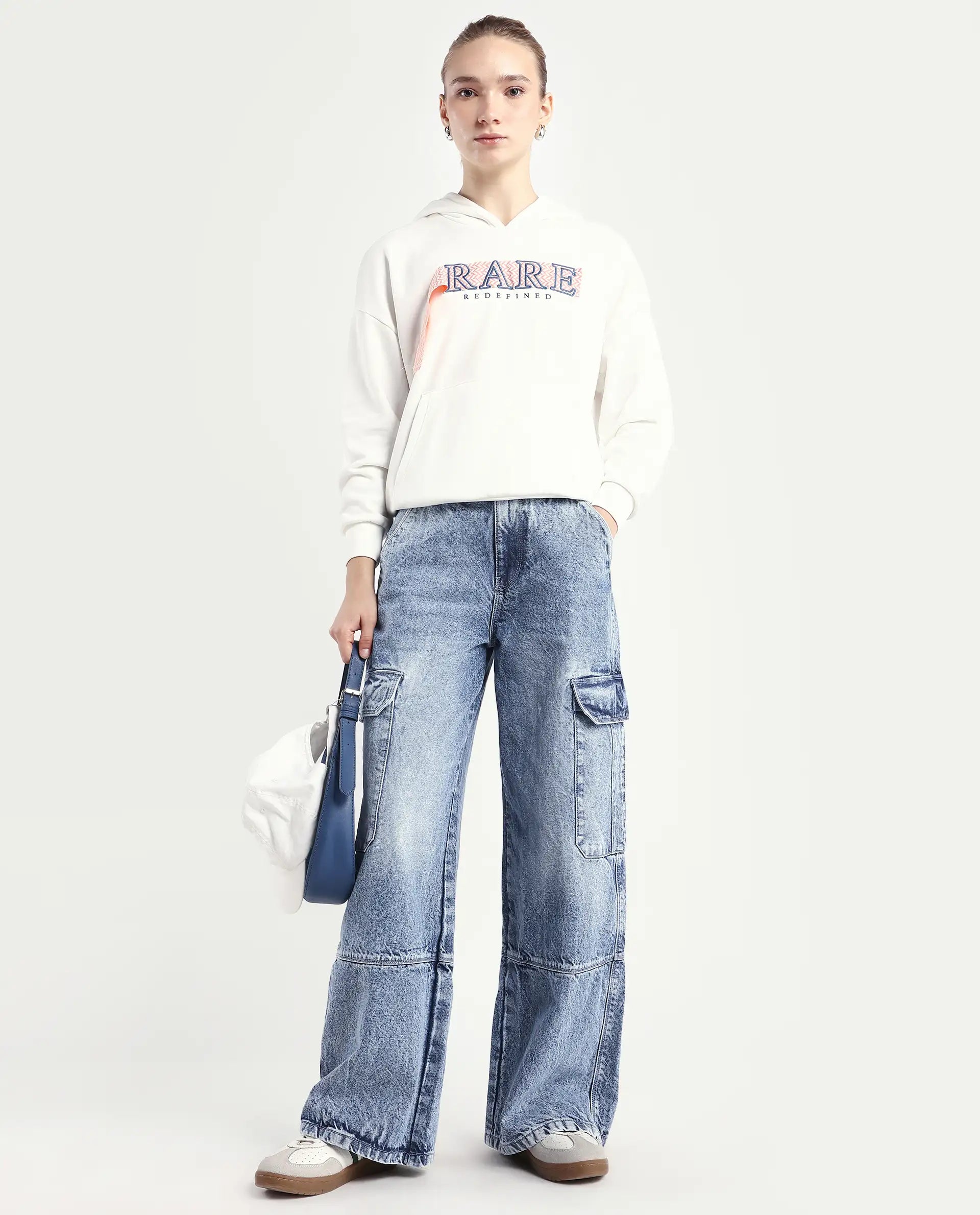 Rareism Women's Caro Light Blue Cotton Plain Ankle Length Baggy Jeans