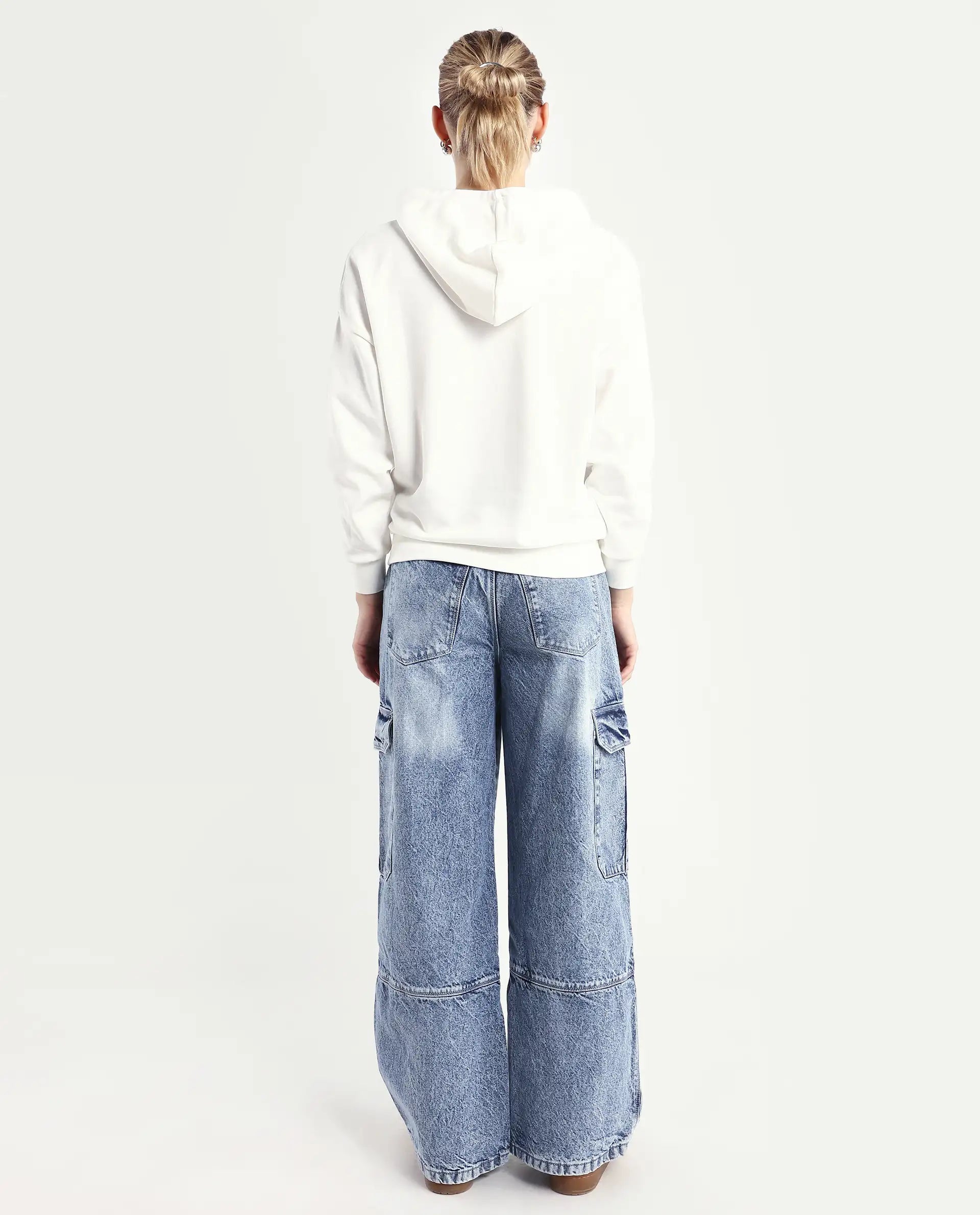 Rareism Women's Caro Light Blue Cotton Plain Ankle Length Baggy Jeans