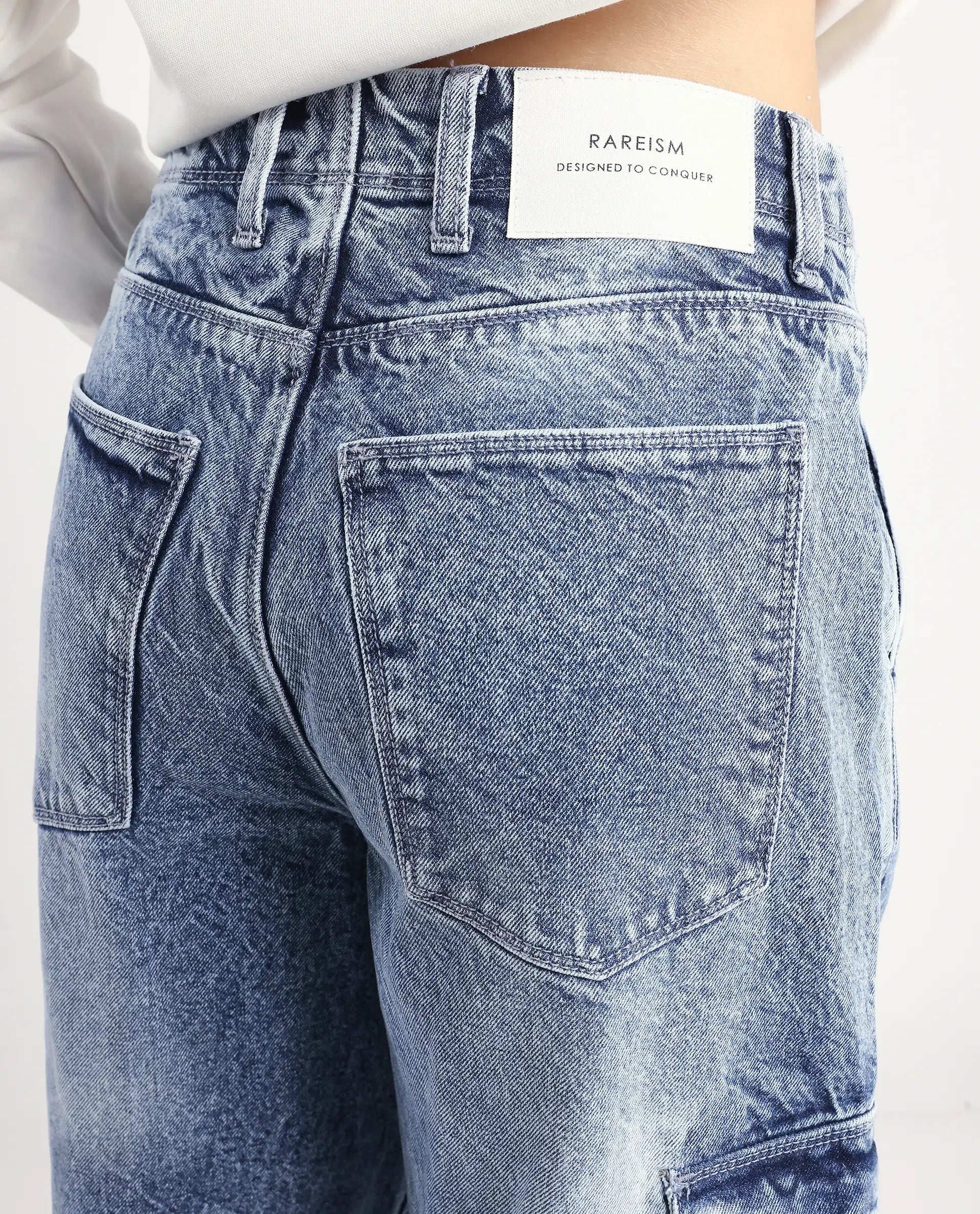 Rareism Women's Caro Light Blue Cotton Plain Ankle Length Baggy Jeans