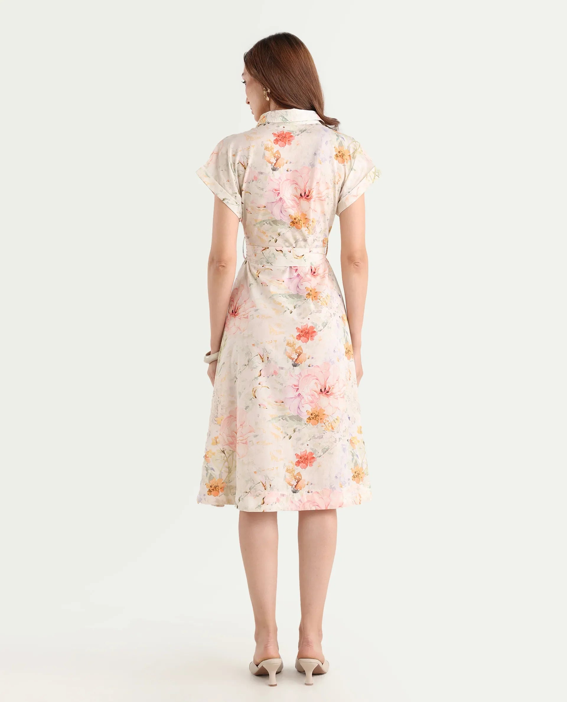 Rareism Women's Carpi Multi Cotton Drop Collar Floral Print Extended Sleeves Knee Length Regular Fit Dress