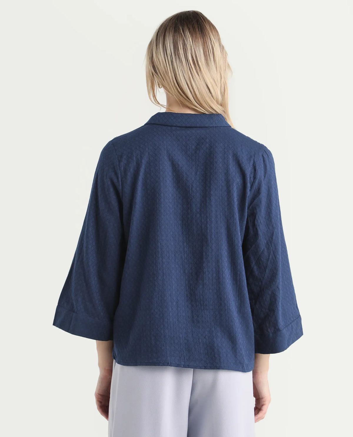 Rareism Women's Carrara Dark Blue Cotton Blend Lapel Neck Plain Regular Fit Top