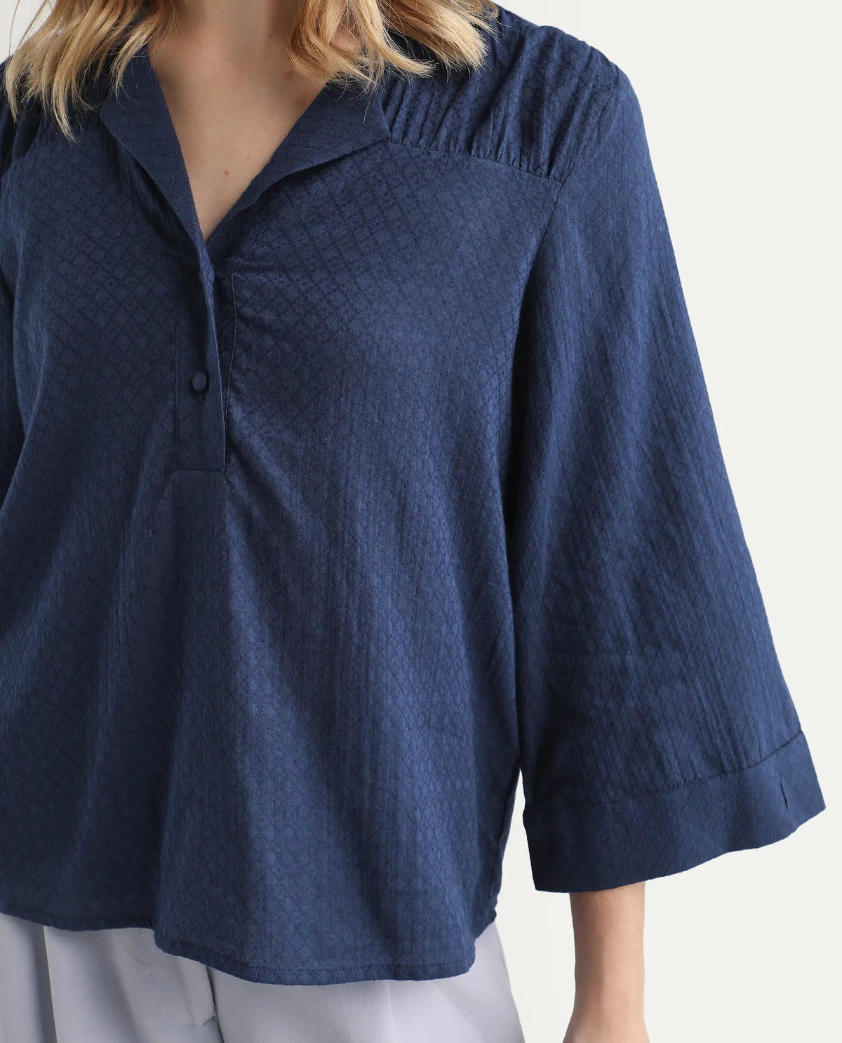 Rareism Women's Carrara Dark Blue Cotton Blend Lapel Neck Plain Regular Fit Top
