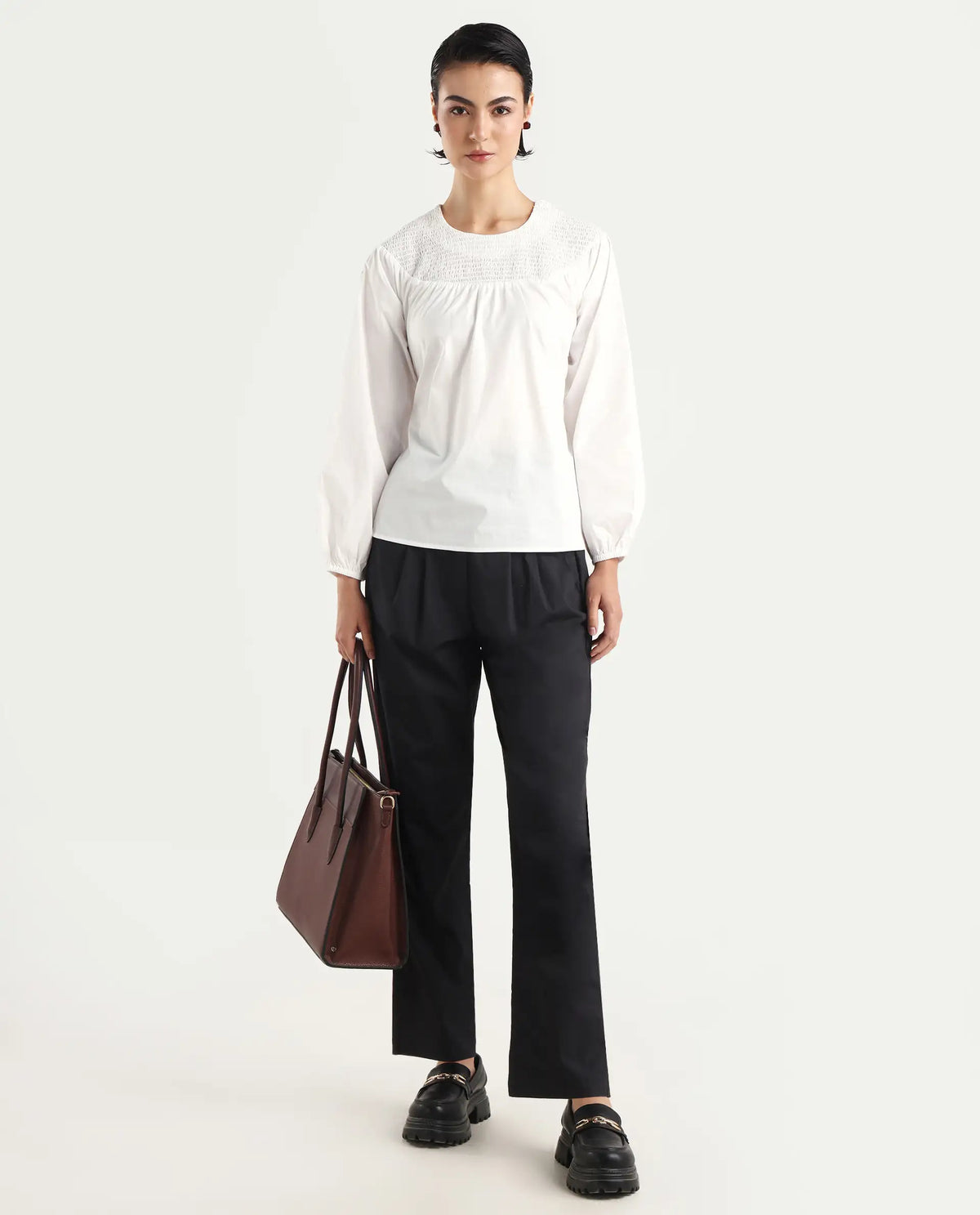 Rareism Women's Cassius White Cotton Crew Neck Plain Volume Sleeve Regular Fit Top