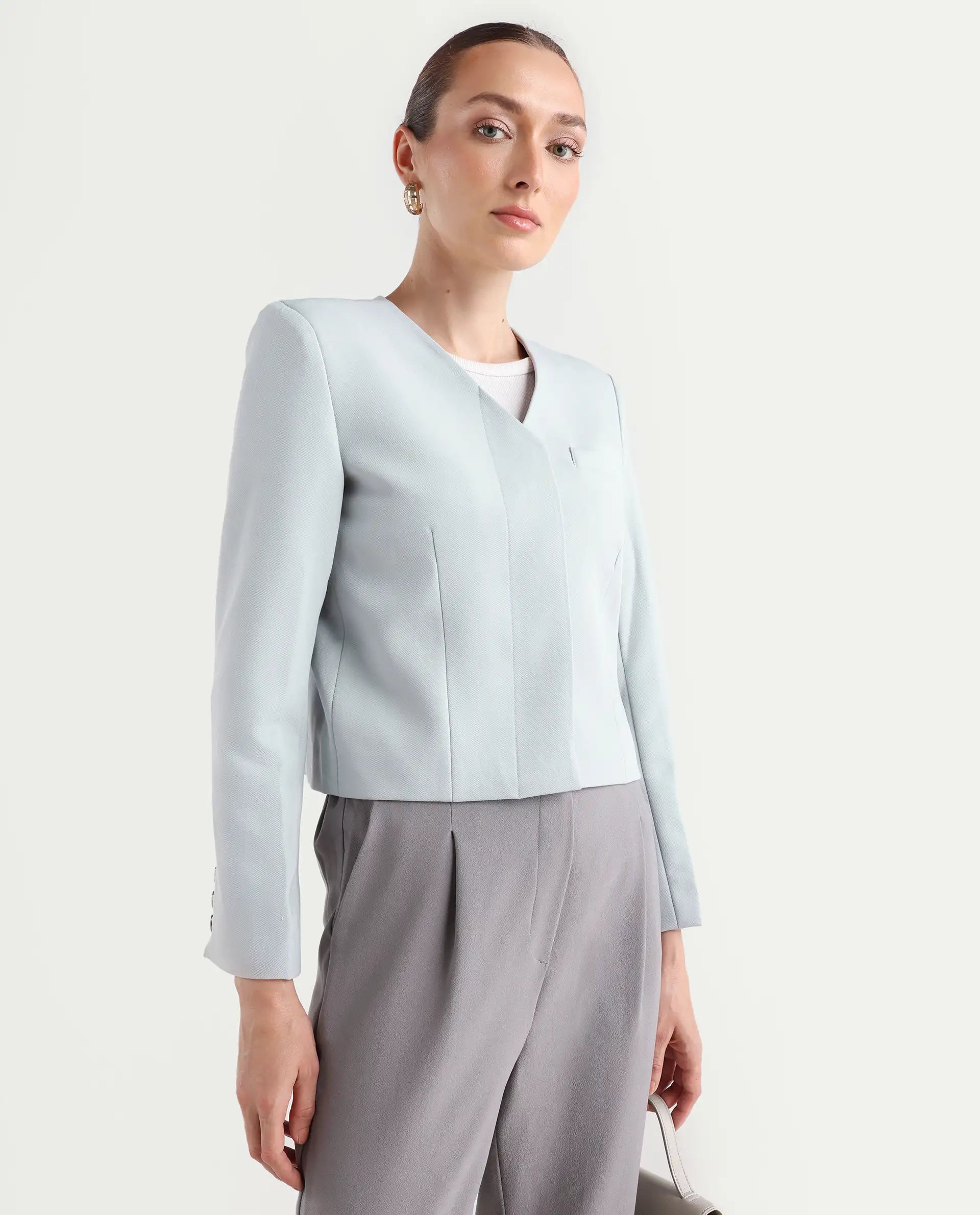 Rareism Women's Castlei Light Grey V-Neck Plain Regular Fit Jacket