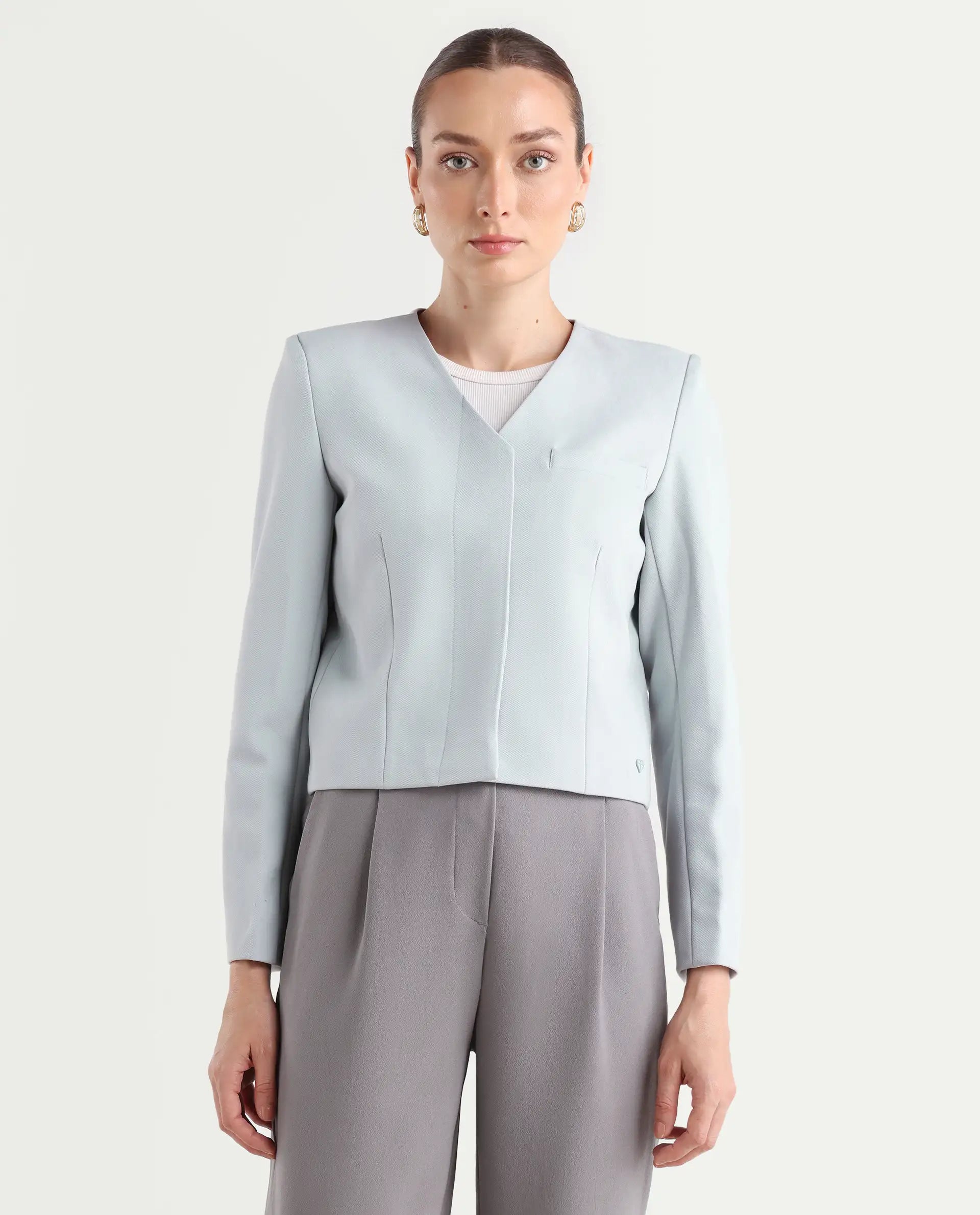 Rareism Women's Castlei Light Grey V-Neck Plain Regular Fit Jacket
