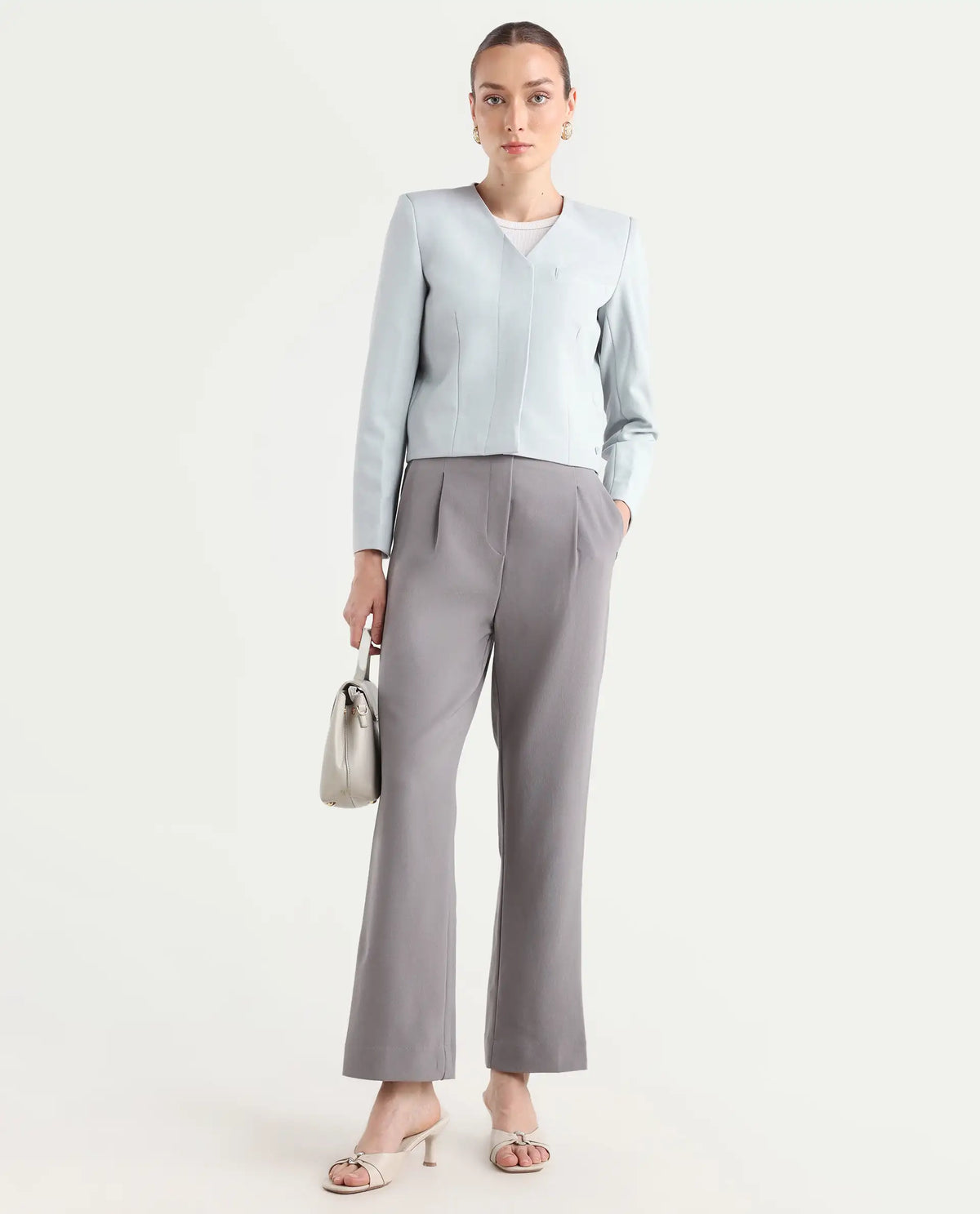 Rareism Women's Castlei Light Grey V-Neck Plain Regular Fit Jacket