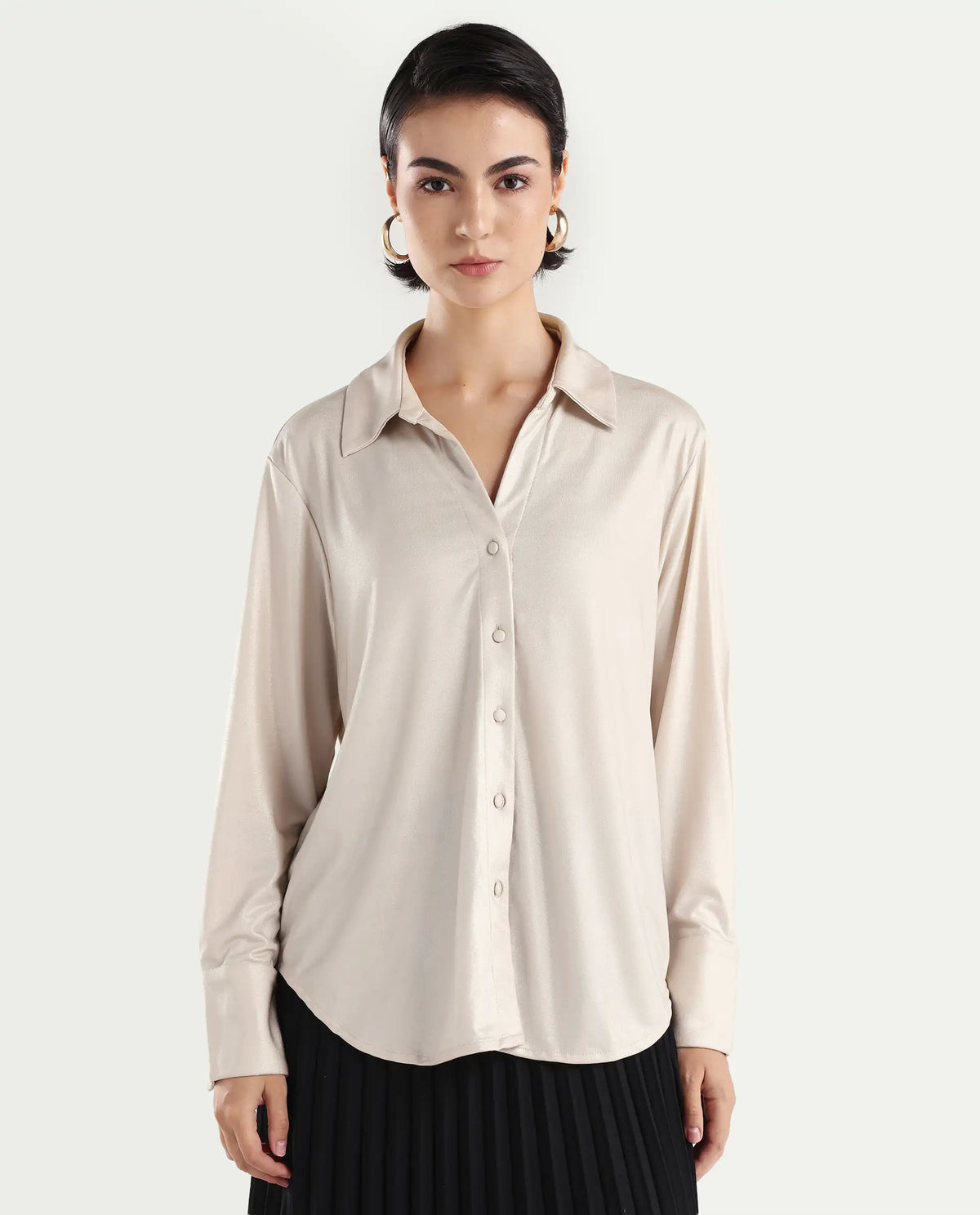 Rareism Women's Cawer Metalic Gold Polyester Drop Collar Plain Cuffed Sleeve Regular Fit Shirt