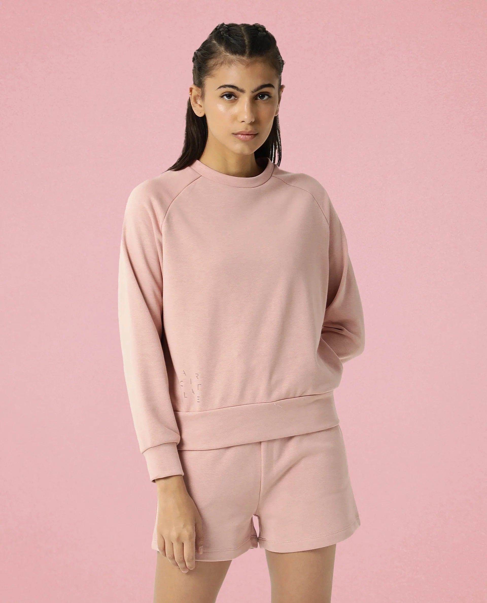 Rareism Women's Medium Weight Terry 290 Gsm Cotton Blend Crew Neck Plain Cuffed Sleeve Relaxed Fit Sweatshirt