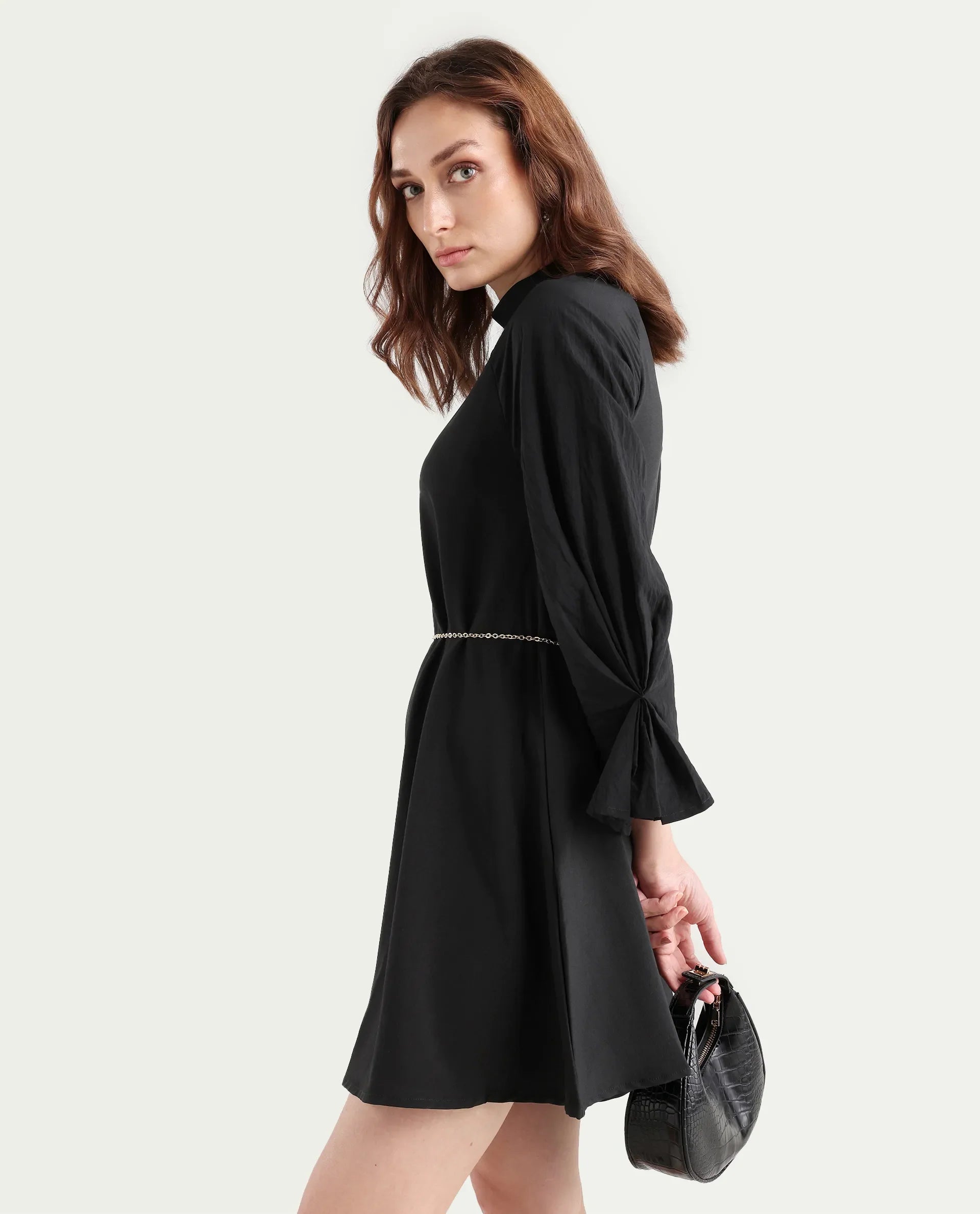 Rareism Women's Cayman Black Cotton Blend High Neck Plain Fashion Sleeve Mini Straight Fit Dress