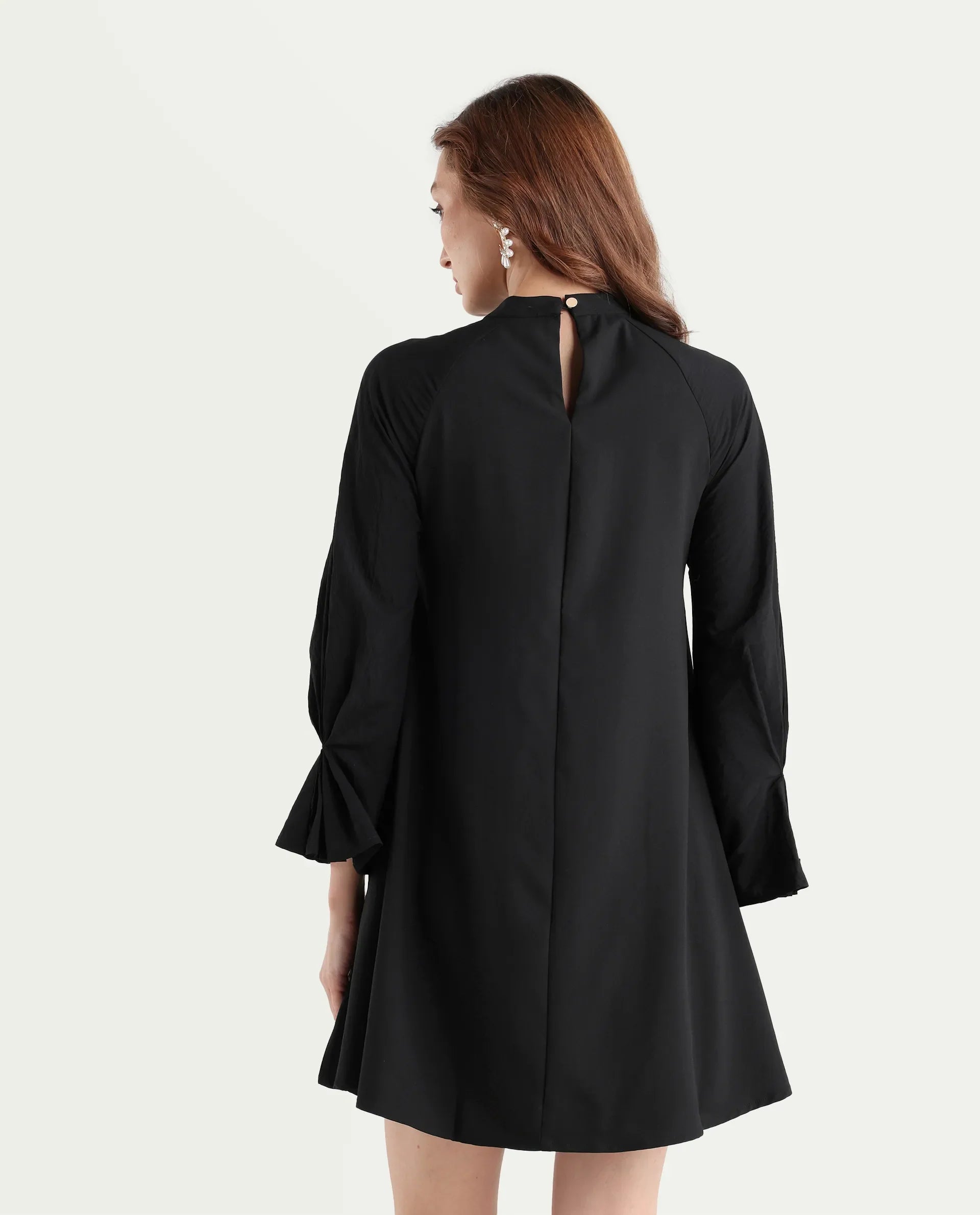 Rareism Women's Cayman Black Cotton Blend High Neck Plain Fashion Sleeve Mini Straight Fit Dress