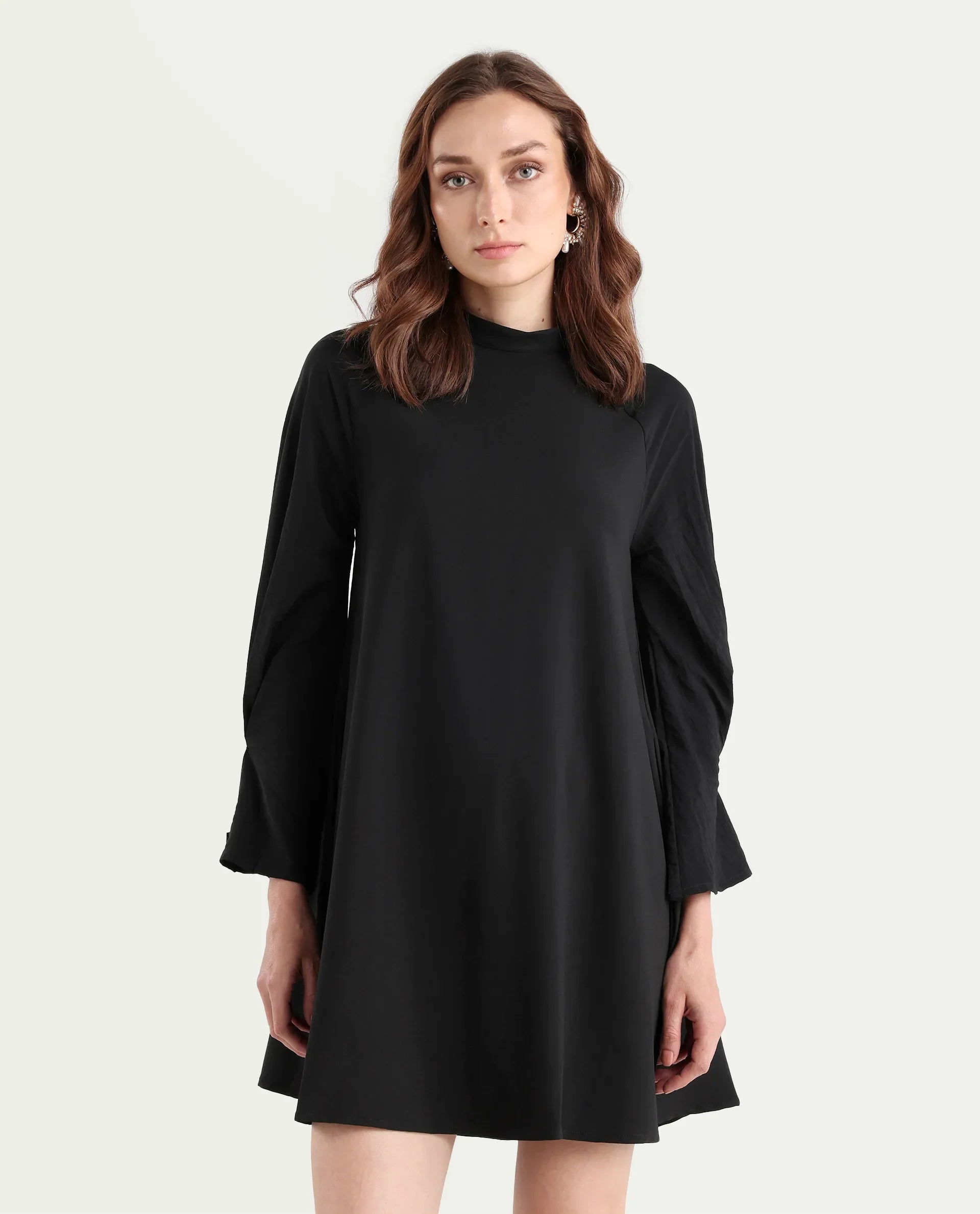 Rareism Women's Cayman Black Cotton Blend High Neck Plain Fashion Sleeve Mini Straight Fit Dress