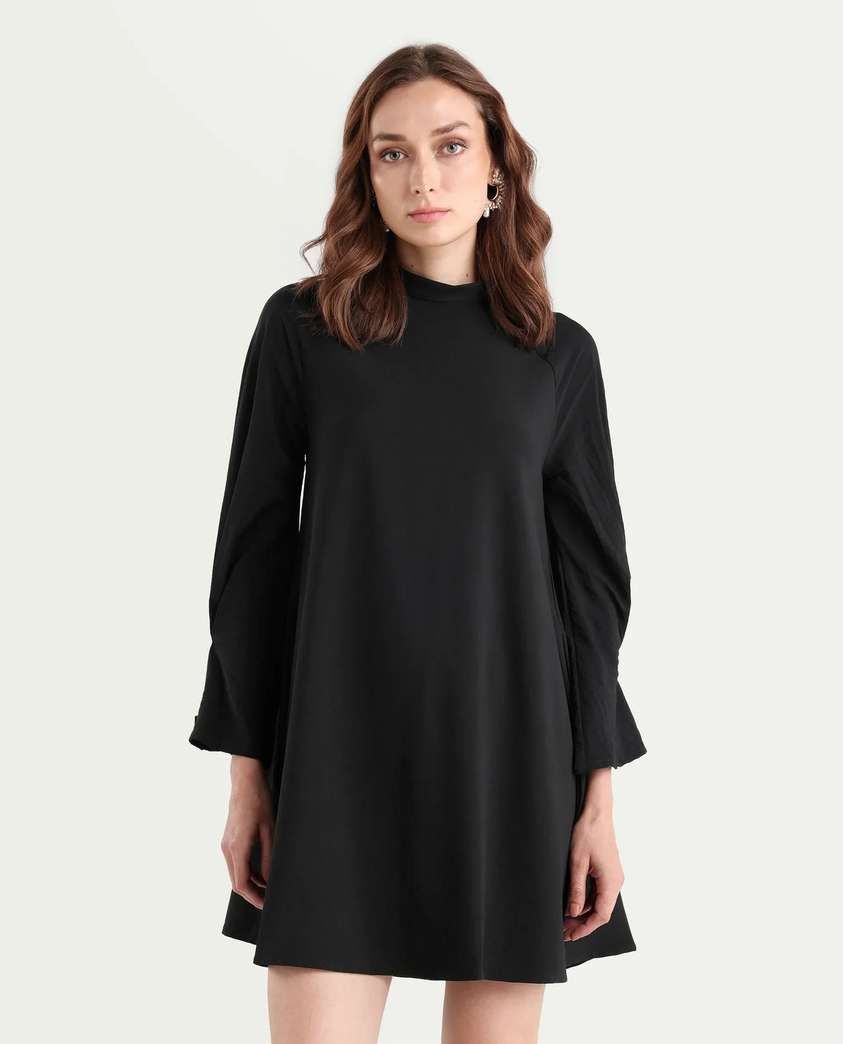 Rareism Women's Cayman Black Cotton Blend High Neck Plain Fashion Sleeve Mini Straight Fit Dress